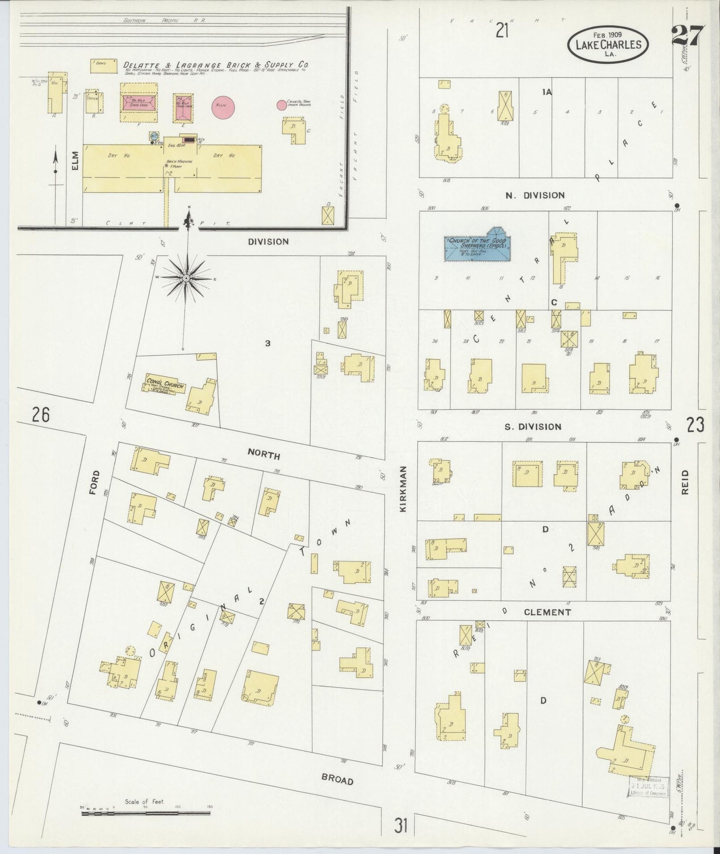 Sanborn Fire Insurance Map from Lake Charles, Calcasieu Parish, Louisiana (1909), Sheet #0027 - Complete Map Set gallery image, historic Sanborn map, vintage wall art, Louisiana Louisiana