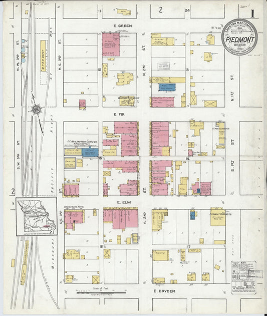Sanborn Fire Insurance Map from Piedmont, Wayne County, Missouri (1920), Sheet #0001 - Historic Sanborn Fire Insurance Map Print, vintage old map wall art, antique decor, genealogy gift, Missouri Missouri map