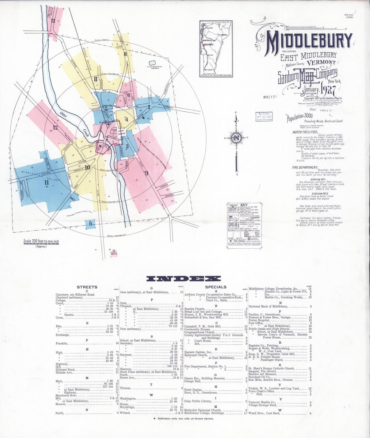 Sanborn Fire Insurance Map from Middlebury, Addison County, Vermont (1927), Sheet #0001 - Historic Sanborn Fire Insurance Map Print, vintage old map wall art, antique decor, genealogy gift, Vermont Vermont map