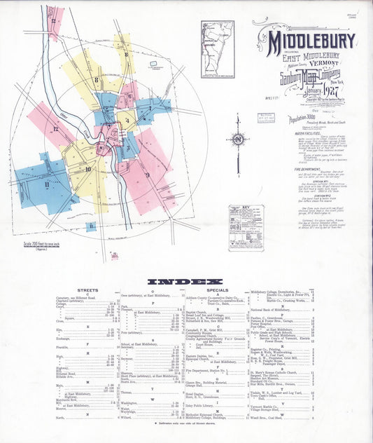 Sanborn Fire Insurance Map from Middlebury, Addison County, Vermont (1927), Sheet #0001 - Historic Sanborn Fire Insurance Map Print, vintage old map wall art, antique decor, genealogy gift, Vermont Vermont map