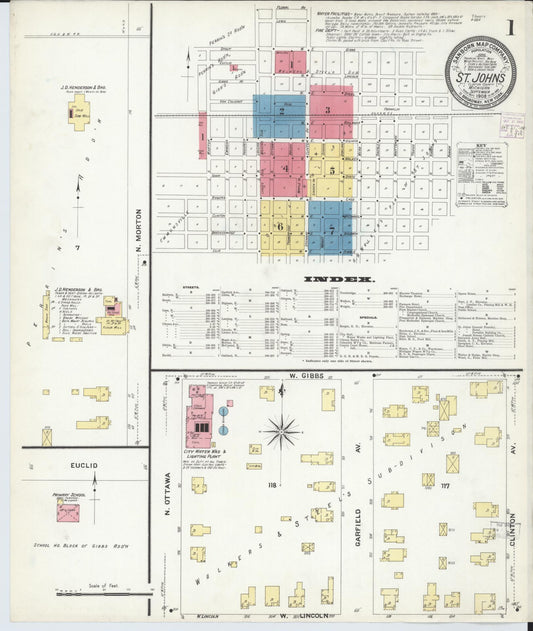 Sanborn Fire Insurance Map from Saint Johns, Clinton County, Michigan (1908), Sheet #0001 - Historic Sanborn Fire Insurance Map Print, vintage old map wall art, antique decor, genealogy gift, Michigan Michigan map