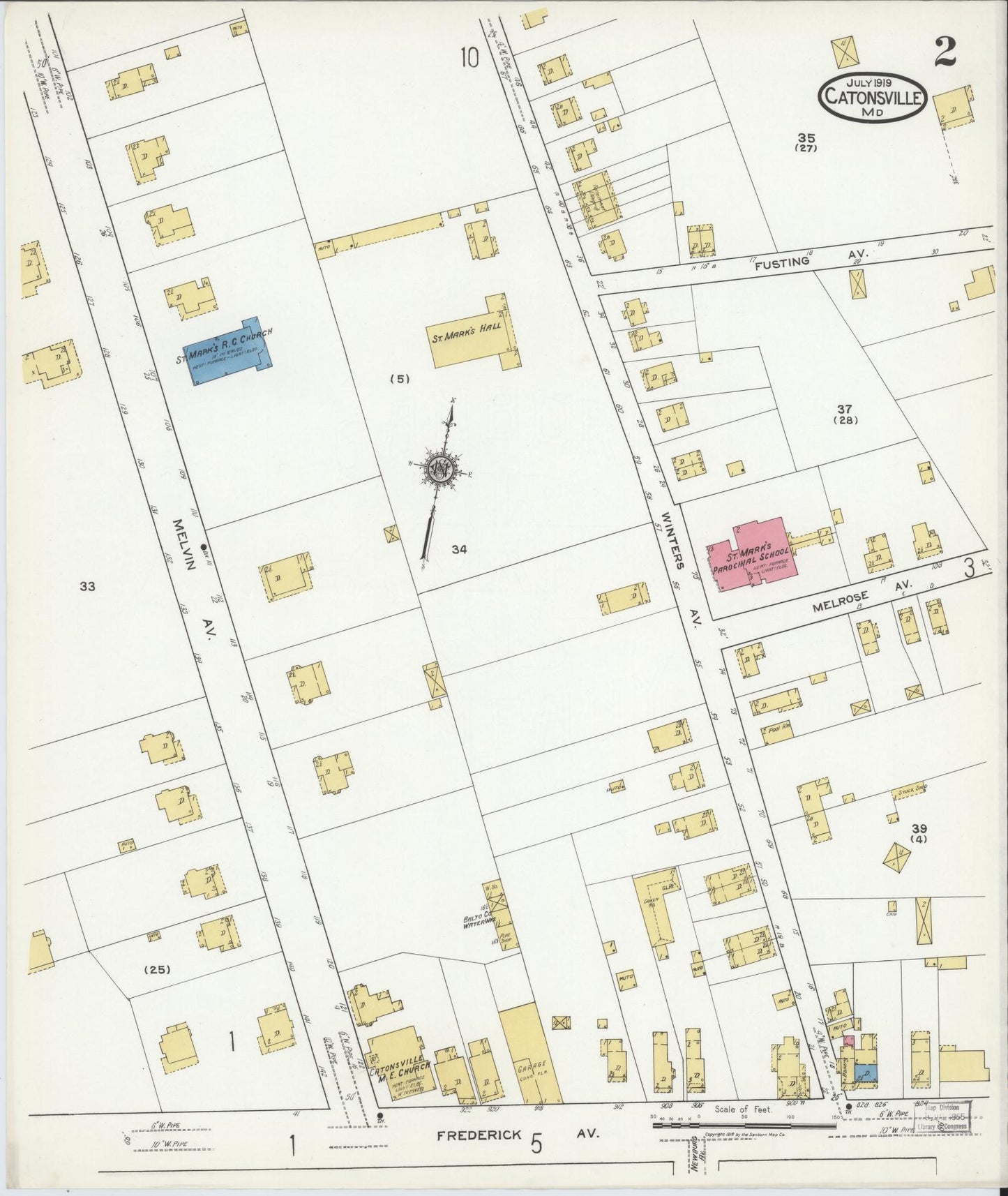Sanborn Fire Insurance Map from Catonsville, Baltimore County, Maryland (1919), Sheet #0002 - Historic Sanborn Fire Insurance Map Print, vintage old map wall art, antique decor, genealogy gift, Maryland Maryland map