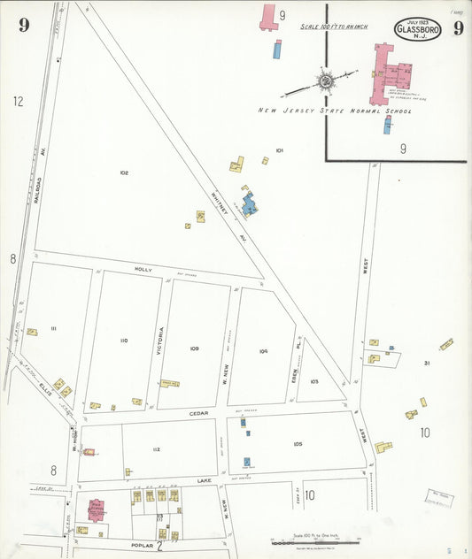 Sanborn Fire Insurance Map from Glassboro, Gloucester County, New Jersey (1923), Sheet #0009 - Historic Sanborn Fire Insurance Map Print, vintage old map wall art, antique decor, genealogy gift, New Jersey New Jersey map