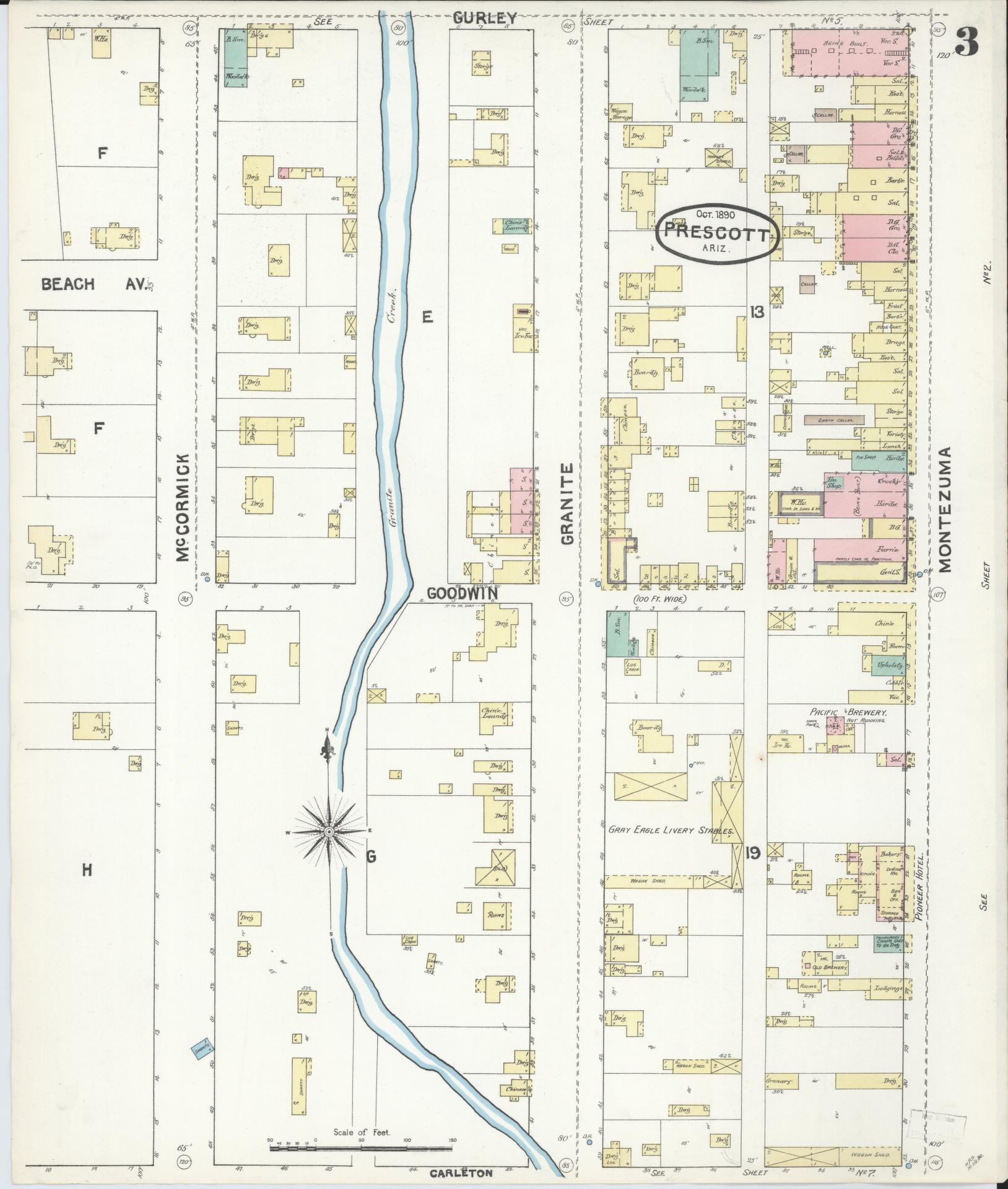 Sanborn Fire Insurance Map from Prescott, Yavapai County, Arizona (1890), Sheet #0003 - Complete Map Set gallery image, historic Sanborn map, vintage wall art, Arizona Arizona