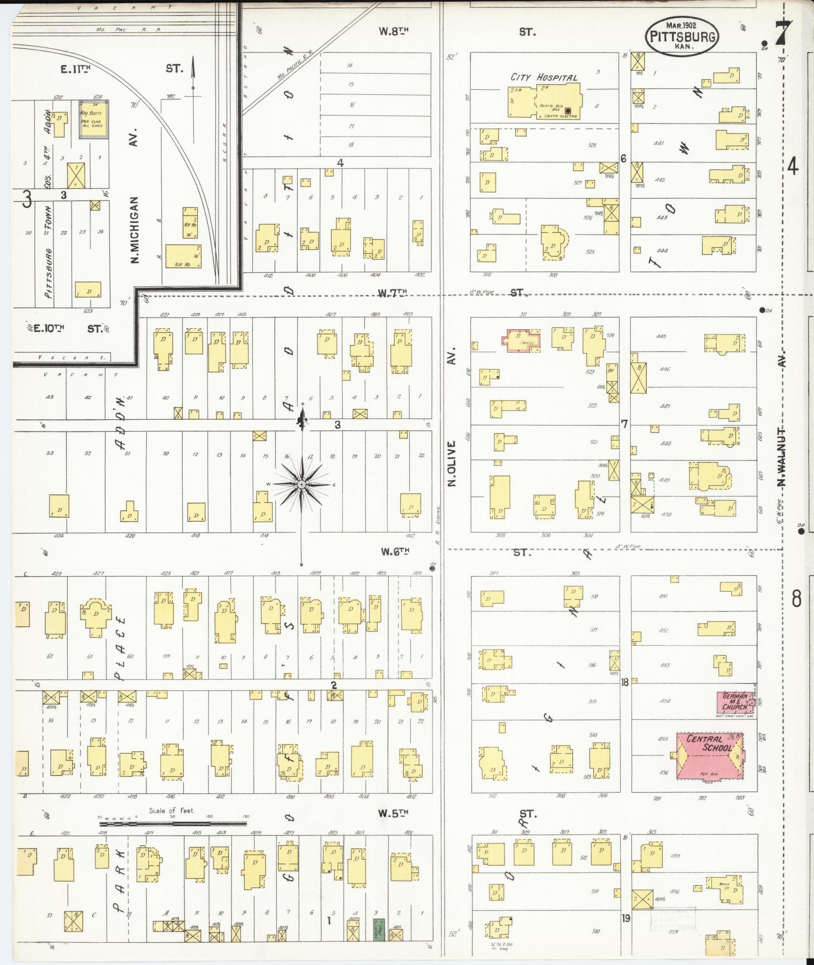 Sanborn Fire Insurance Map from Pittsburg, Crawford County, Kansas (1902), Sheet #0007 - Historic Sanborn Fire Insurance Map Print, vintage old map wall art, antique decor, genealogy gift, Kansas Kansas map