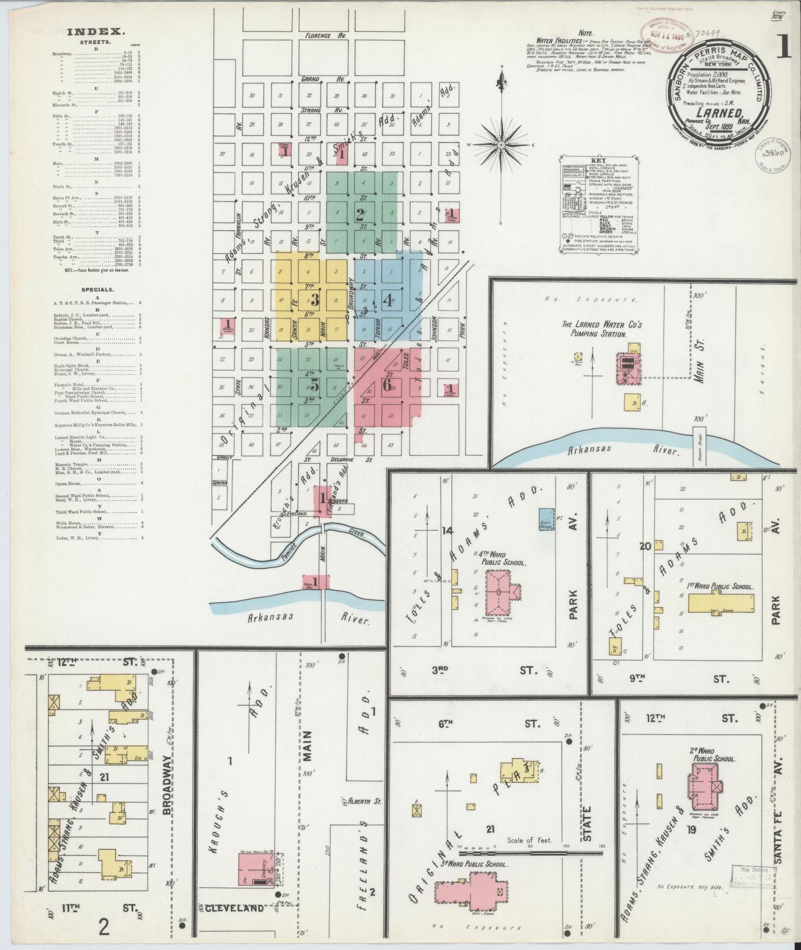 Sanborn Fire Insurance Map from Larned, Pawnee County, Kansas (1899), Sheet #0001 - Historic Sanborn Fire Insurance Map Print, vintage old map wall art, antique decor, genealogy gift, Kansas Kansas map