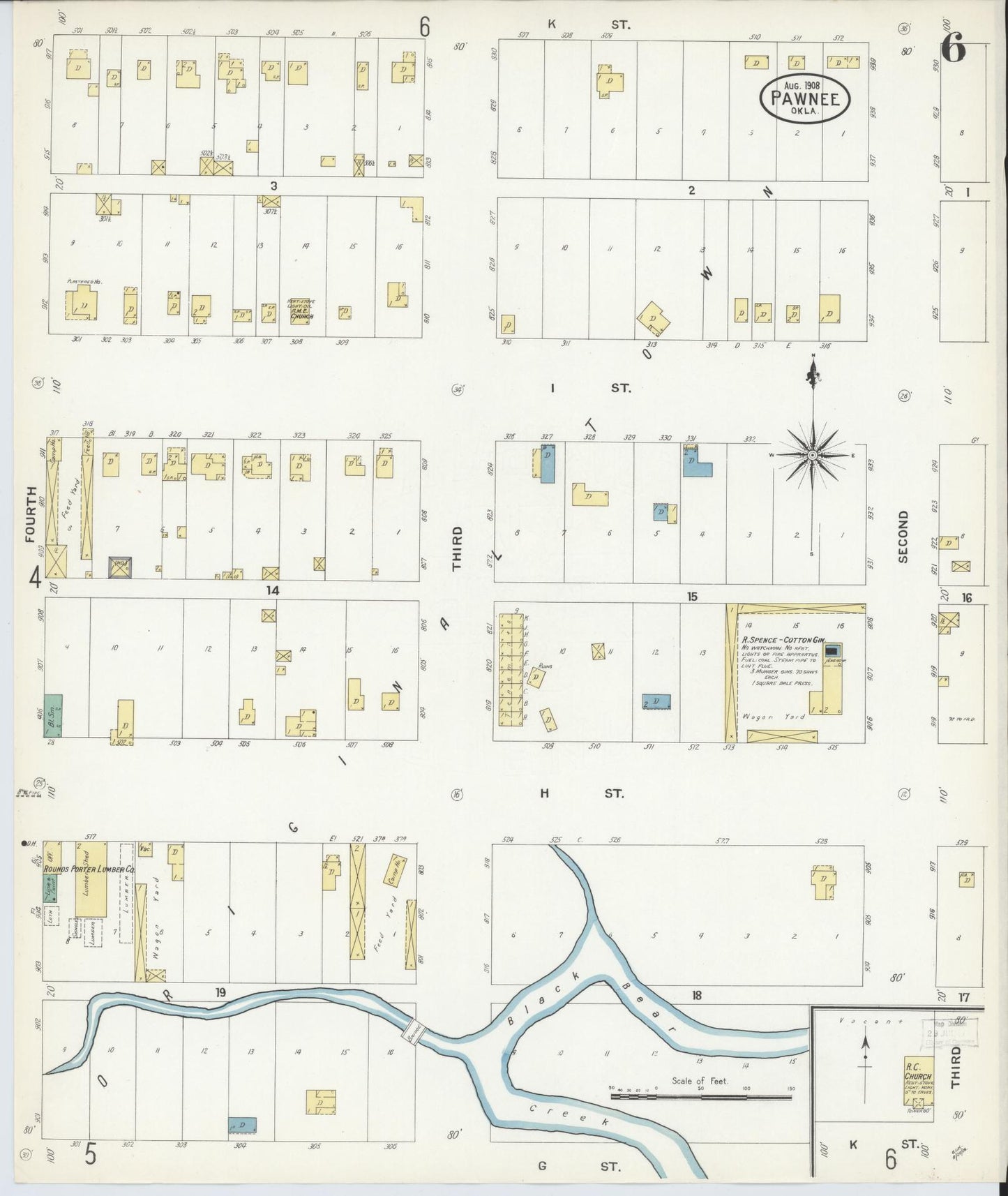 Sanborn Fire Insurance Map from Pawnee, Pawnee County, Oklahoma (1908), Sheet #0006 - Complete Map Set gallery image, historic Sanborn map, vintage wall art, Oklahoma Oklahoma