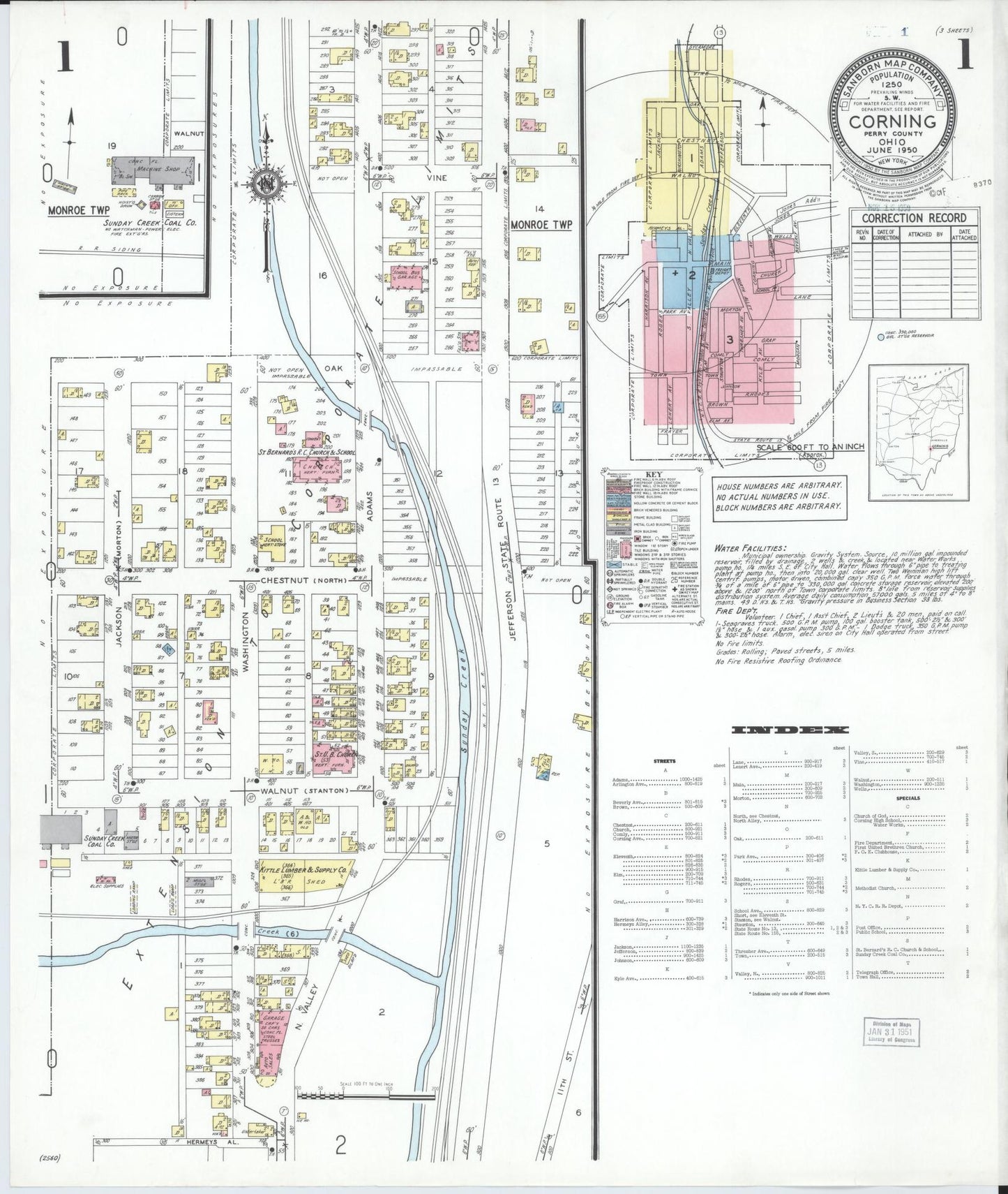 Sanborn Fire Insurance Map from Corning, Perry County, Ohio (1950), Sheet #0001 - Historic Sanborn Fire Insurance Map Print, vintage old map wall art, antique decor, genealogy gift, Ohio Ohio map