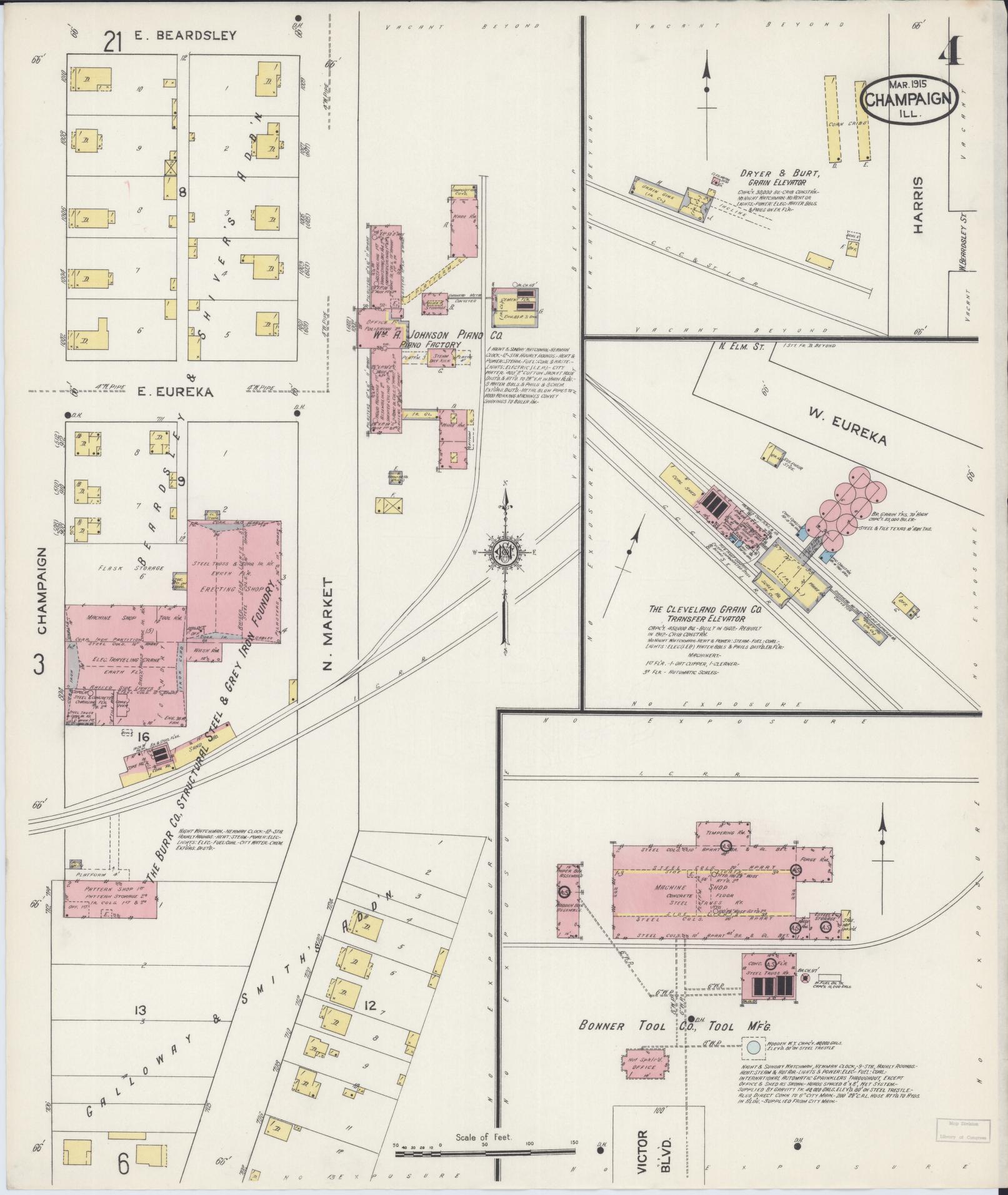 Sanborn Fire Insurance Map from Champaign, Champaign County, Illinois (1915), Sheet #0004 - Historic Sanborn Fire Insurance Map Print, vintage old map wall art, antique decor, genealogy gift, Illinois Illinois map