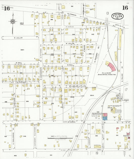 Sanborn Fire Insurance Map from Tyler, Smith County, Texas (1928), Sheet #0016 - Historic Sanborn Fire Insurance Map Print, vintage old map wall art, antique decor, genealogy gift, Texas Texas map