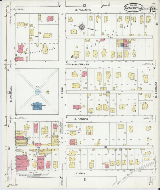 Sanborn Fire Insurance Map from Edwardsville, Madison County, Illinois (1921), Sheet #0012 - Historic Sanborn Fire Insurance Map Print, vintage old map wall art, antique decor, genealogy gift, Illinois Illinois map
