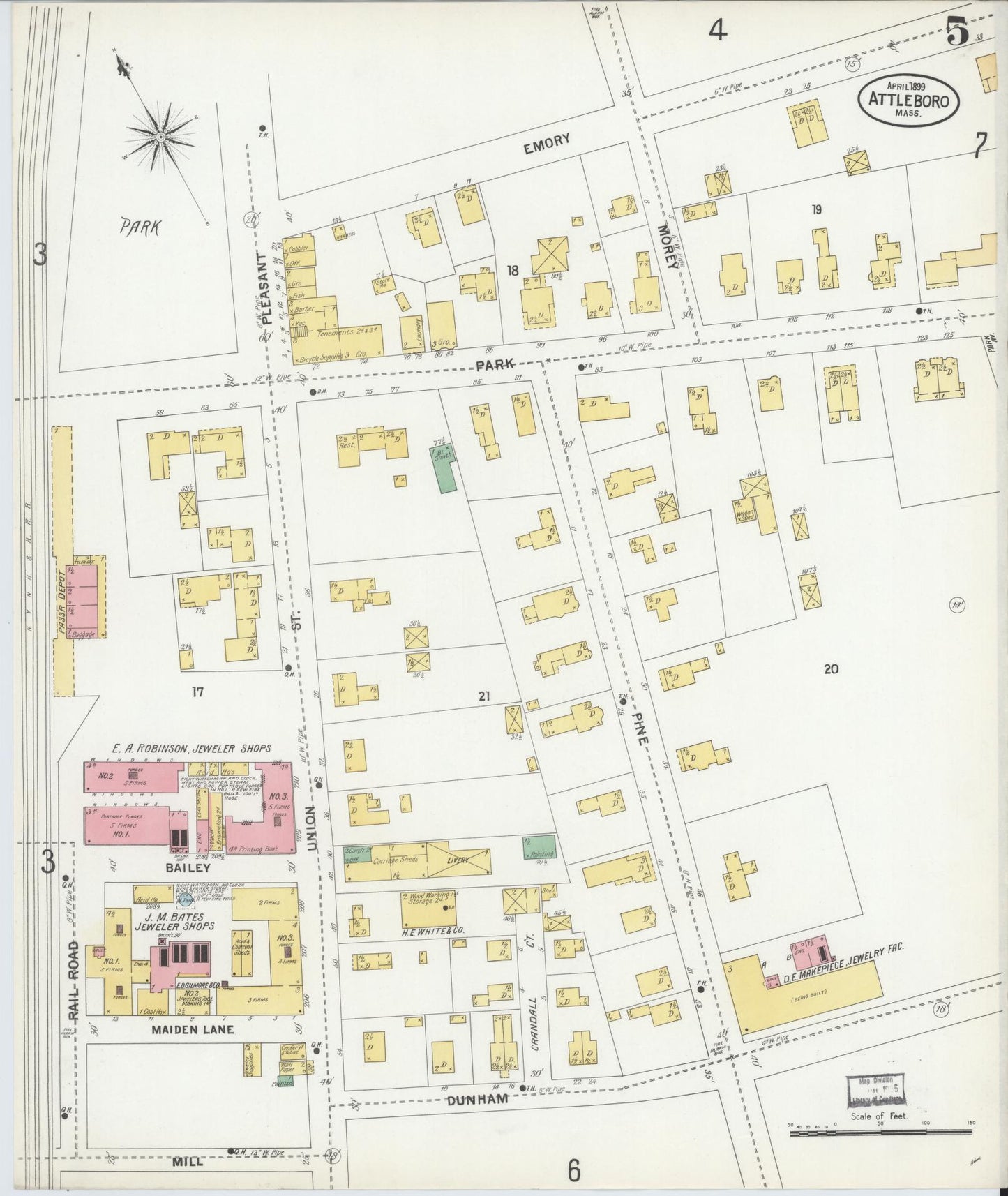 Sanborn Fire Insurance Map from Attleboro, Bristol County, Massachusetts (1899), Sheet #0005 - Complete Map Set gallery image, historic Sanborn map, vintage wall art, Massachusetts Massachusetts