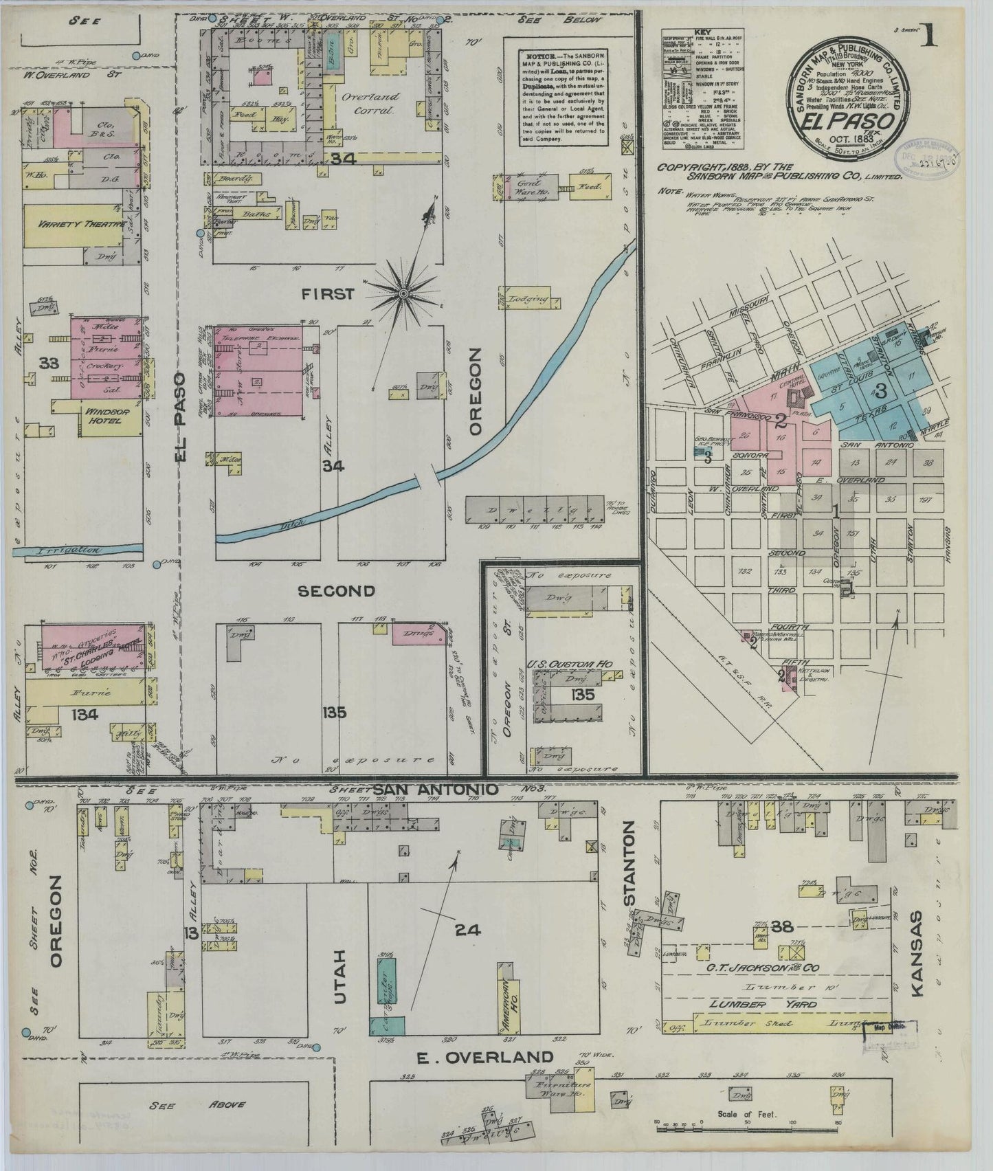 Sanborn Fire Insurance Map from El Paso, El Paso County, Texas (1883), Sheet #0001 - Complete Map Set gallery image, historic Sanborn map, vintage wall art, Texas Texas