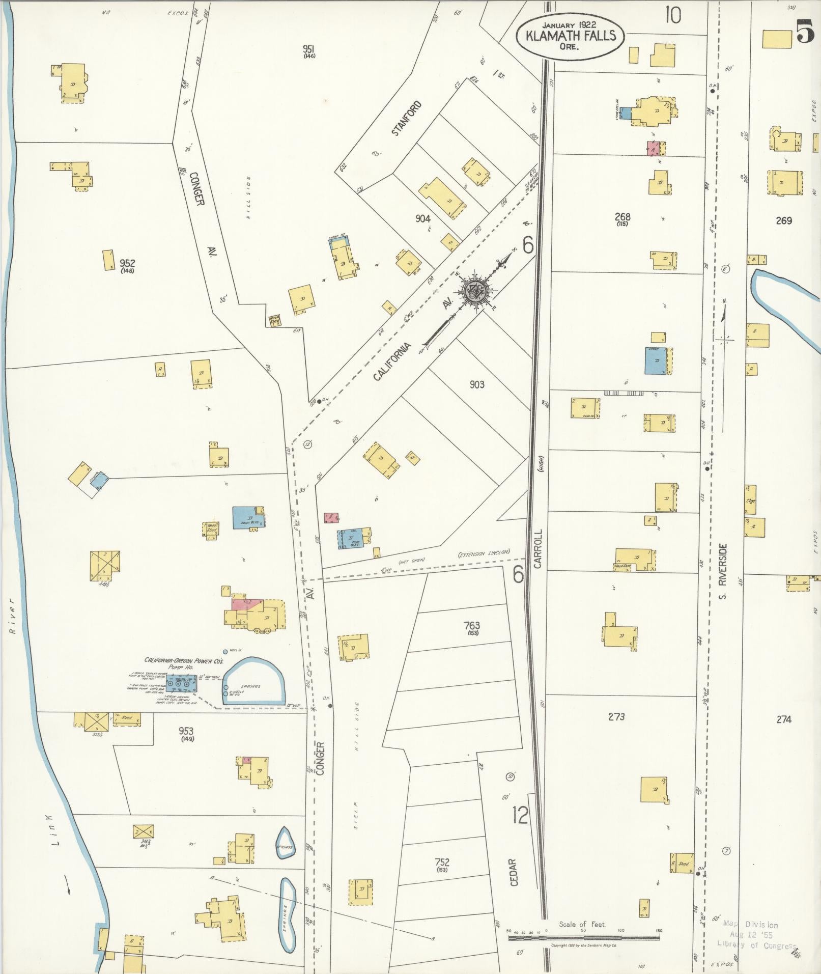 Sanborn Fire Insurance Map from Klamath Falls, Klamath County, Oregon (1921), Sheet #0005 - Historic Sanborn Fire Insurance Map Print, vintage old map wall art, antique decor, genealogy gift, Oregon Oregon map