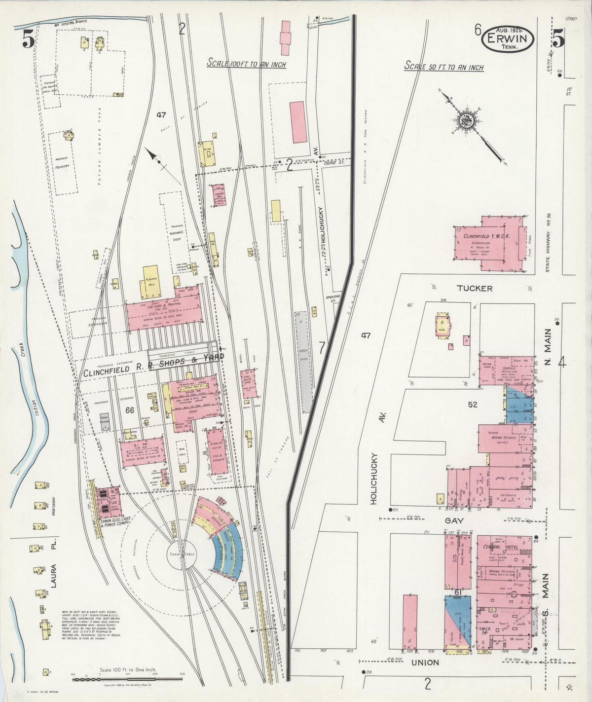 Sanborn Fire Insurance Map from Erwin, Unicoi County, Tennessee (1925), Sheet #0005 - Historic Sanborn Fire Insurance Map Print, vintage old map wall art, antique decor, genealogy gift, Tennessee Tennessee map