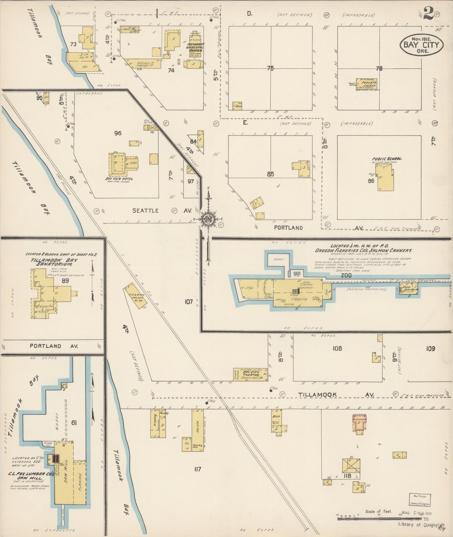Sanborn Fire Insurance Map from Bay City, Tillamook County, Oregon (1912), Sheet #0002 - Complete Map Set gallery image, historic Sanborn map, vintage wall art, Oregon Oregon