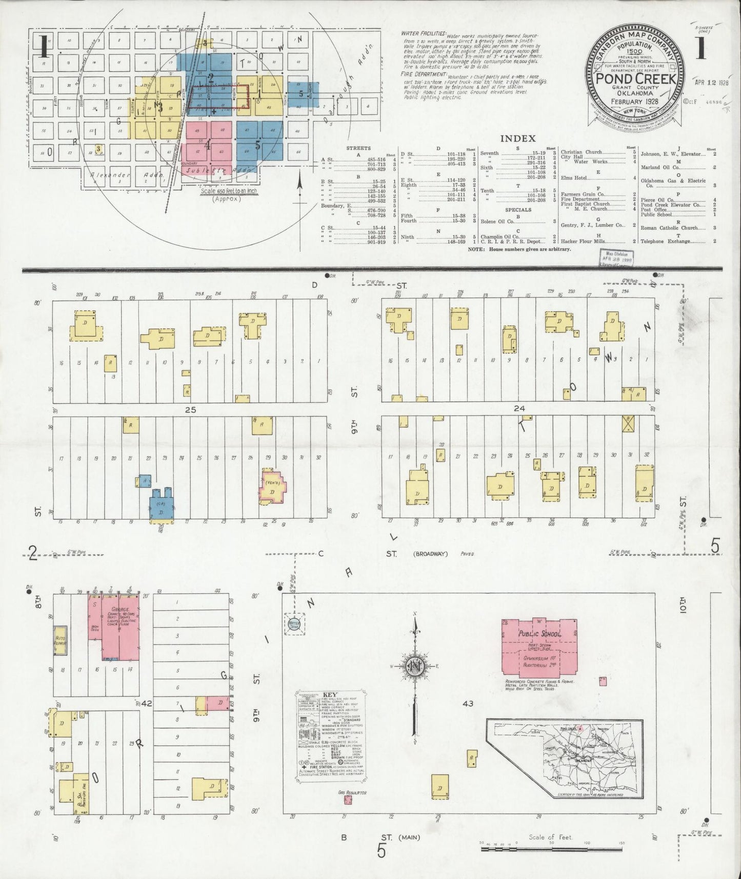 Sanborn Fire Insurance Map from Pond Creek, Grant County, Oklahoma (1928), Sheet #0001 - Historic Sanborn Fire Insurance Map Print, vintage old map wall art, antique decor, genealogy gift, Oklahoma Oklahoma map