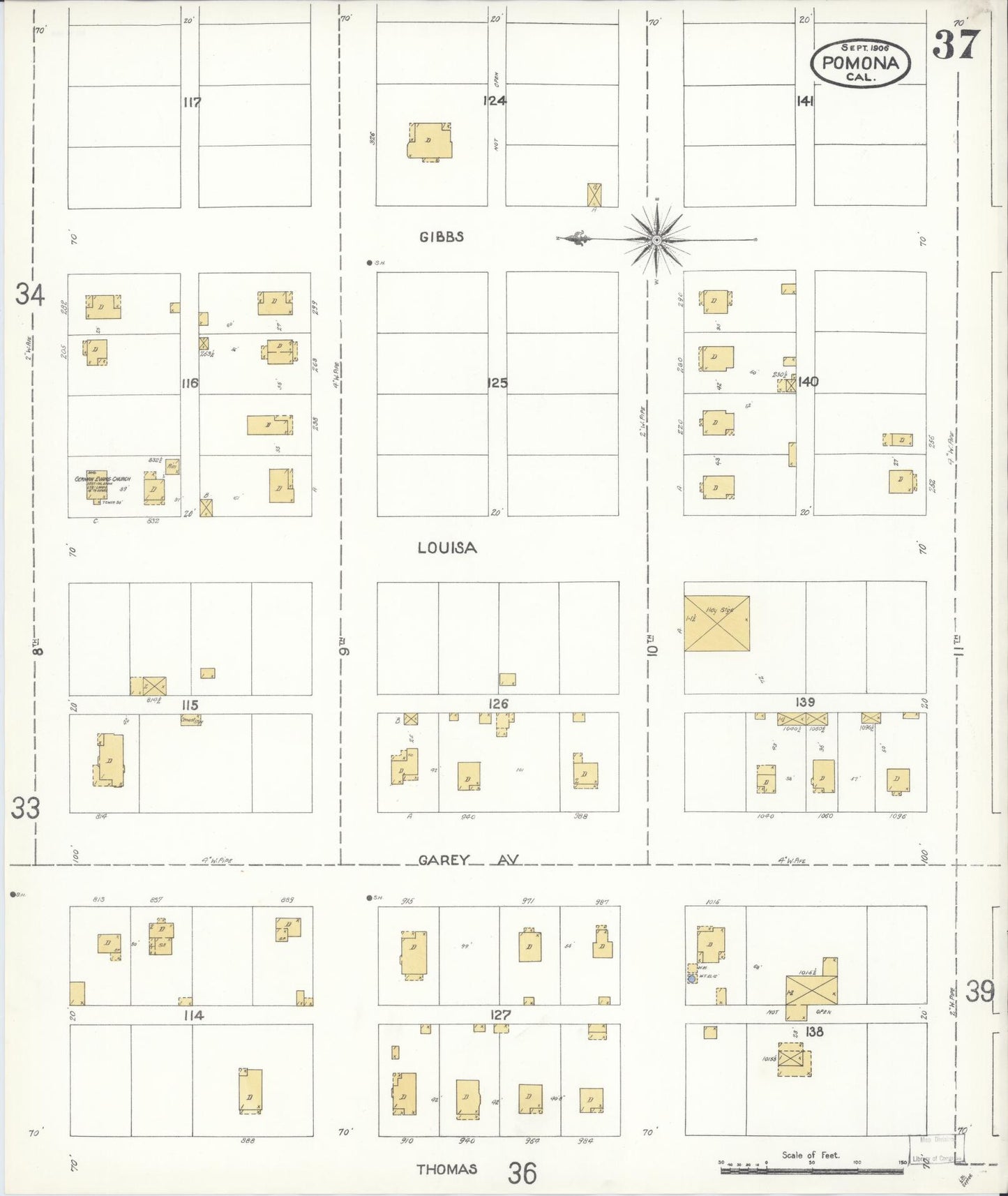 Sanborn Fire Insurance Map from Pomona, Los Angeles County, California (1906), Sheet #0037 - Complete Map Set gallery image, historic Sanborn map, vintage wall art, California California