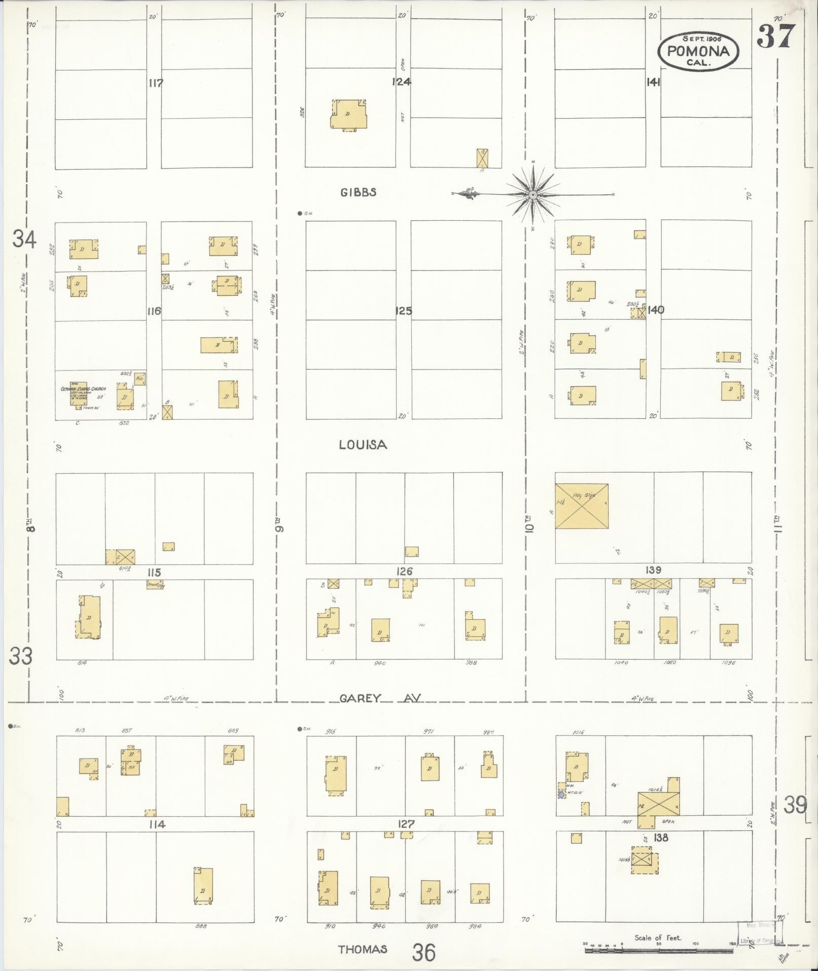 Sanborn Fire Insurance Map from Pomona, Los Angeles County, California (1906), Sheet #0037 - Complete Map Set gallery image, historic Sanborn map, vintage wall art, California California