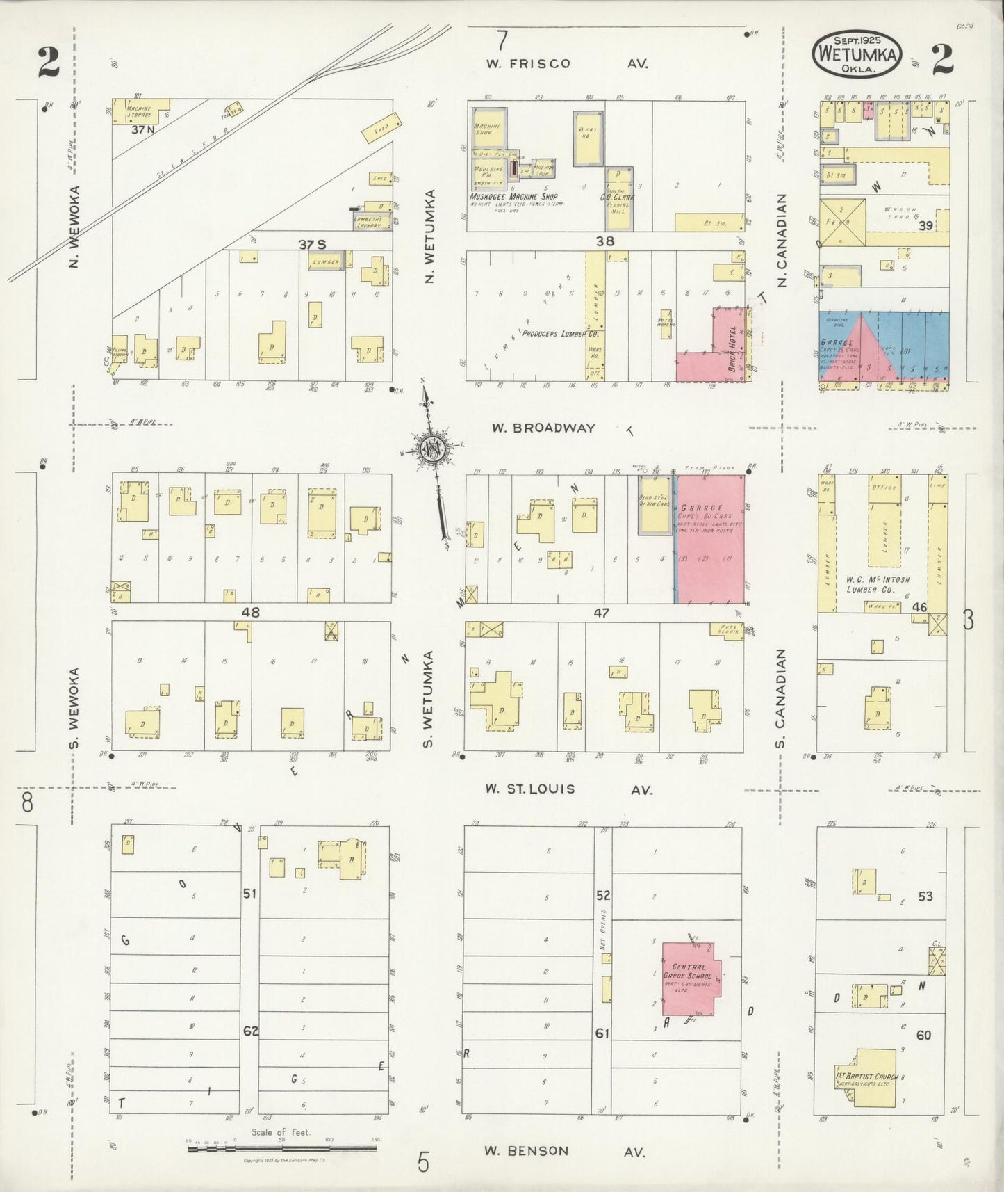 Sanborn Fire Insurance Map from Wetumka, Hughes County, Oklahoma (1925), Sheet #0002 - Complete Map Set gallery image, historic Sanborn map, vintage wall art, Oklahoma Oklahoma