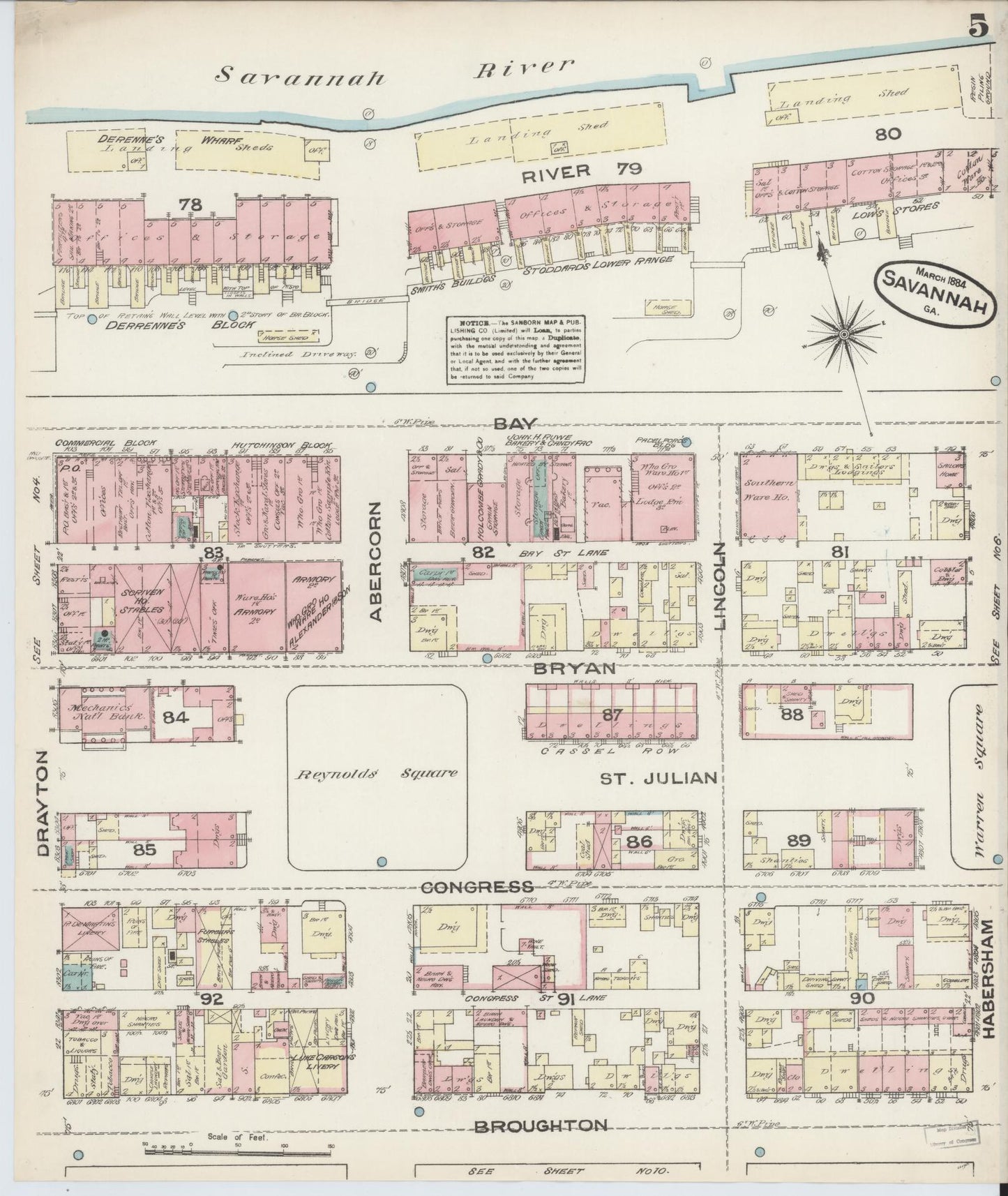 Sanborn Fire Insurance Map from Savannah, Chatham County, Georgia (1884), Sheet #0005 - Historic Sanborn Fire Insurance Map Print, vintage old map wall art, antique decor, genealogy gift, Georgia Georgia map