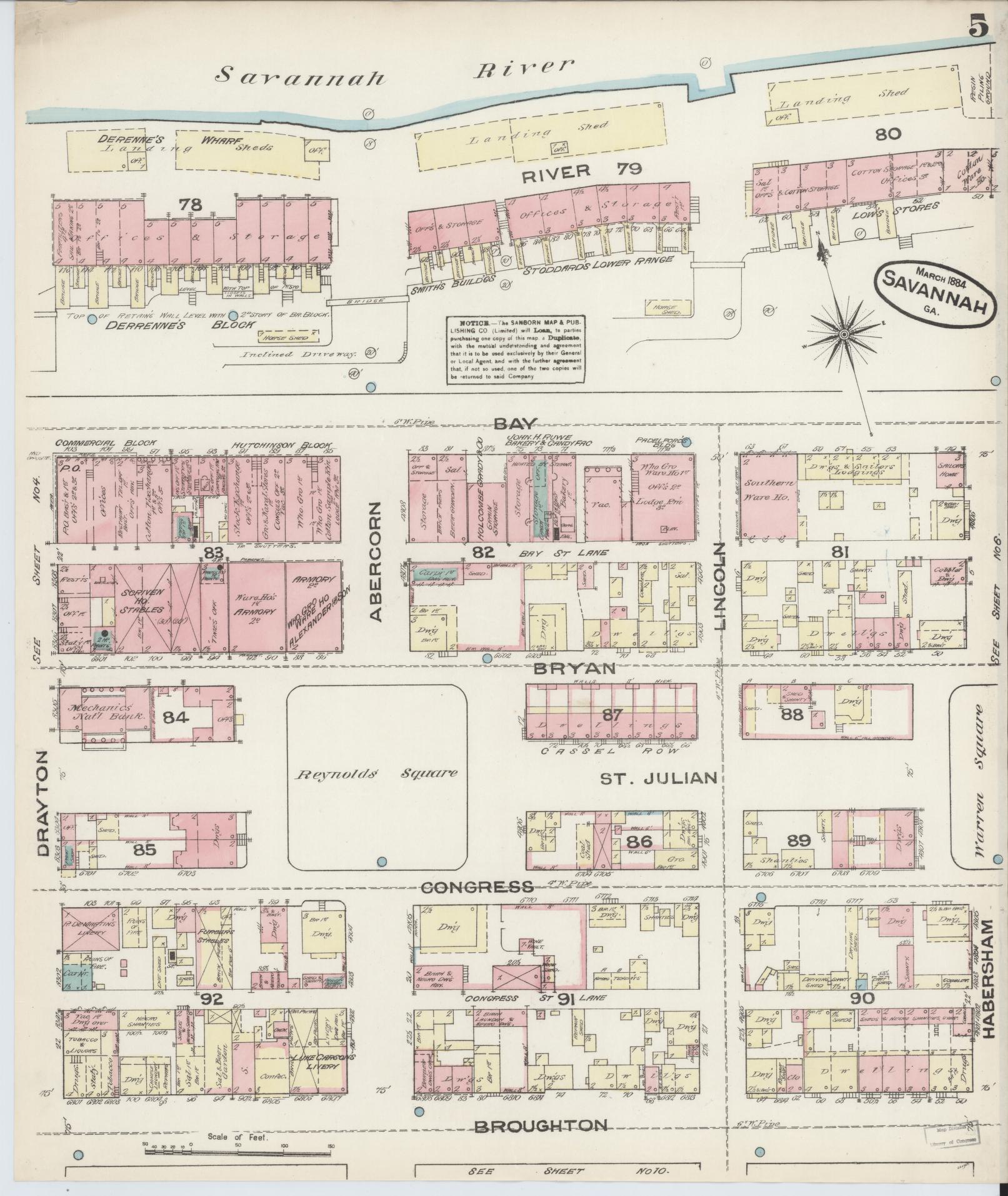 Sanborn Fire Insurance Map from Savannah, Chatham County, Georgia (1884), Sheet #0005 - Historic Sanborn Fire Insurance Map Print, vintage old map wall art, antique decor, genealogy gift, Georgia Georgia map