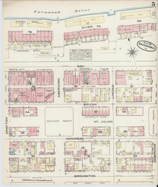 Sanborn Fire Insurance Map from Savannah, Chatham County, Georgia (1884), Sheet #0005 - Historic Sanborn Fire Insurance Map Print, vintage old map wall art, antique decor, genealogy gift, Georgia Georgia map