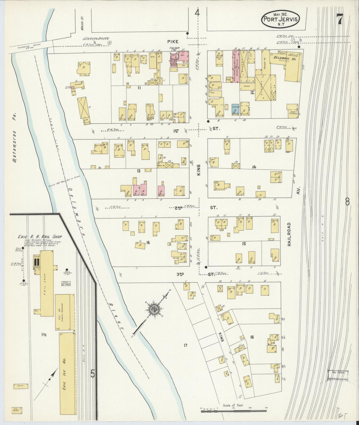 Sanborn Fire Insurance Map from Port Jervis, Orange County, New York (1912), Sheet #0007 - Complete Map Set gallery image, historic Sanborn map, vintage wall art, New York New York