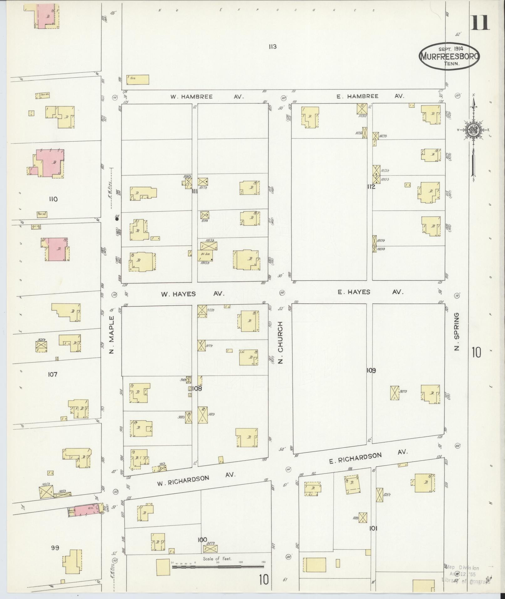 Sanborn Fire Insurance Map from Murfreesboro, Rutherford County, Tennessee (1914), Sheet #0011 - Historic Sanborn Fire Insurance Map Print, vintage old map wall art, antique decor, genealogy gift, Tennessee Tennessee map