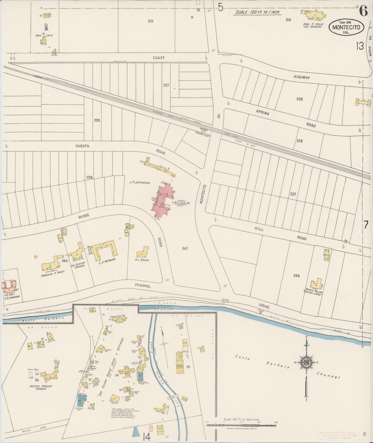 Sanborn Fire Insurance Map from Montecito, Santa Barbara County, California (1918), Sheet #0006 - Historic Sanborn Fire Insurance Map Print, vintage old map wall art, antique decor, genealogy gift, California California map