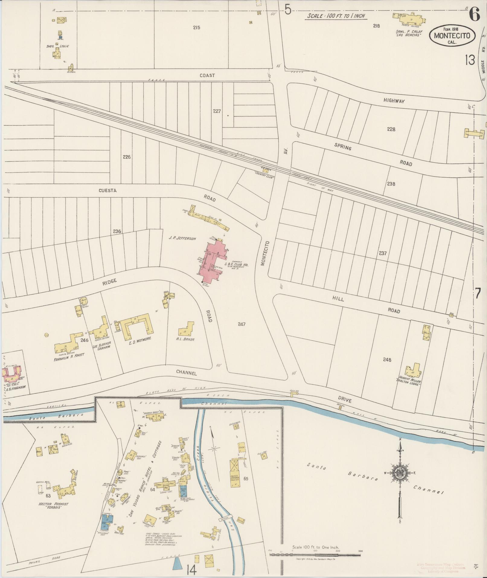 Sanborn Fire Insurance Map from Montecito, Santa Barbara County, California (1918), Sheet #0006 - Historic Sanborn Fire Insurance Map Print, vintage old map wall art, antique decor, genealogy gift, California California map
