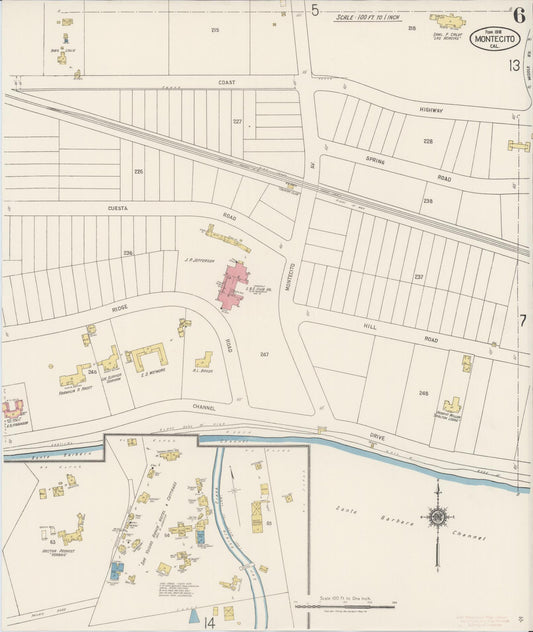 Sanborn Fire Insurance Map from Montecito, Santa Barbara County, California (1918), Sheet #0006 - Historic Sanborn Fire Insurance Map Print, vintage old map wall art, antique decor, genealogy gift, California California map