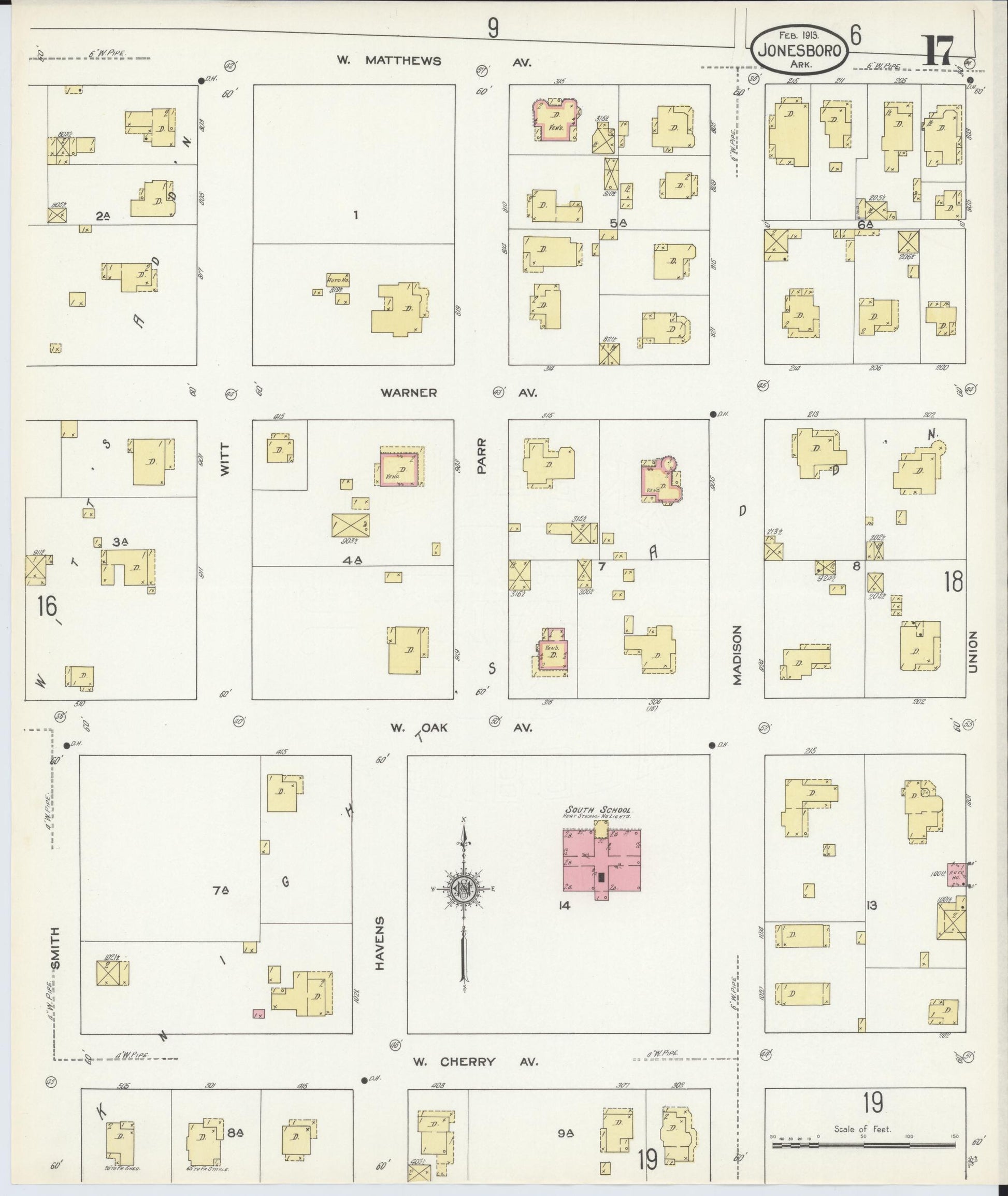 Sanborn Fire Insurance Map from Jonesboro, Craighead County, Arkansas (1913), Sheet #0017 - Complete Map Set gallery image, historic Sanborn map, vintage wall art, Arkansas Arkansas