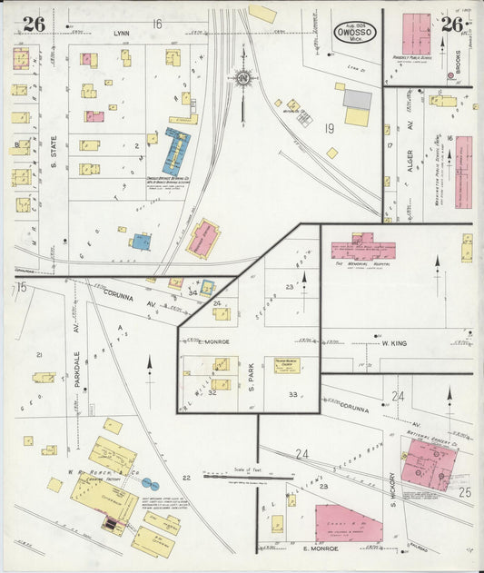 Sanborn Fire Insurance Map from Owosso, Shiawassee County, Michigan (1924), Sheet #0026 - Historic Sanborn Fire Insurance Map Print, vintage old map wall art, antique decor, genealogy gift, Michigan Michigan map