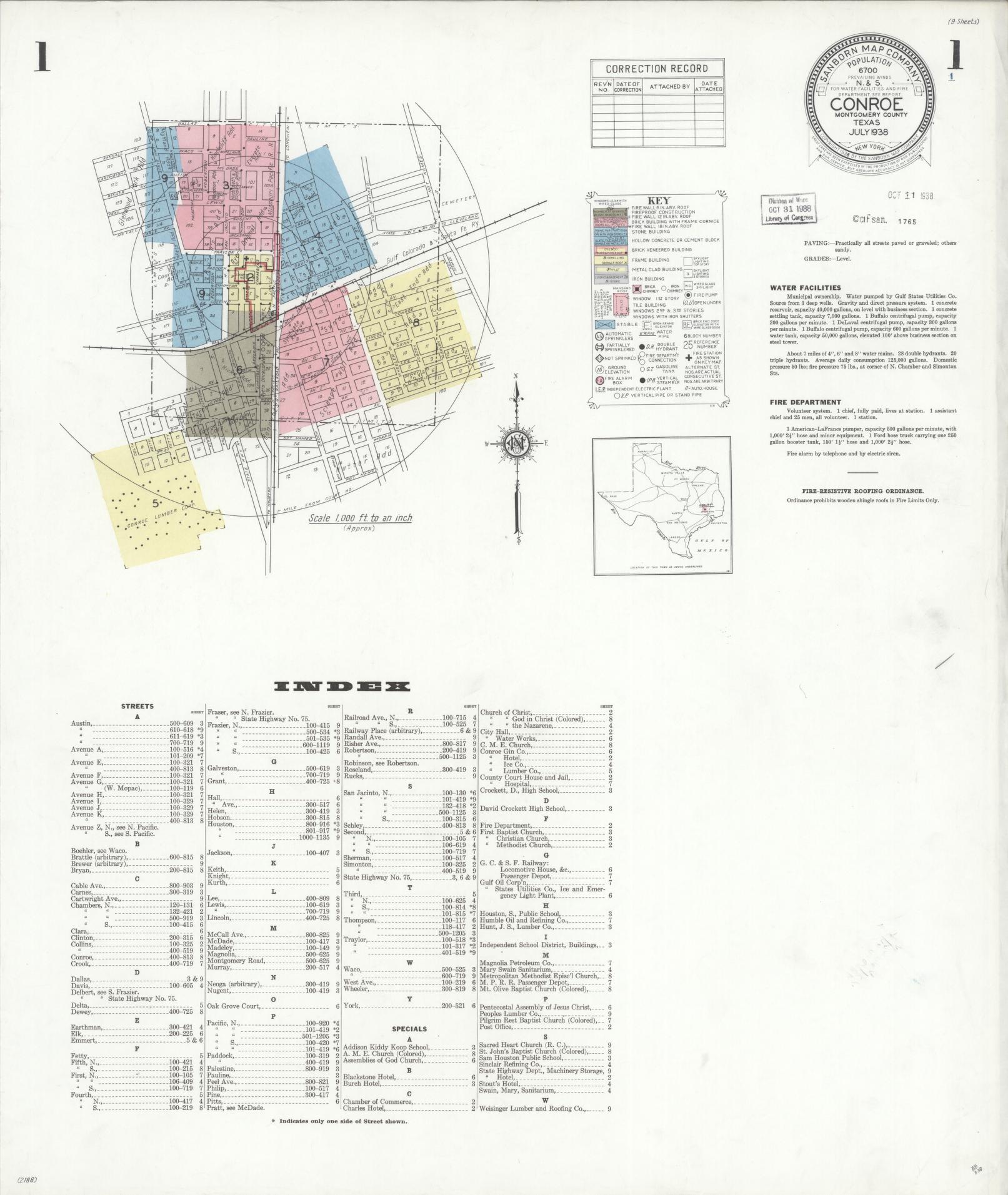 Sanborn Fire Insurance Map from Conroe, Montgomery County, Texas (1938), Sheet #0001 - Complete Map Set gallery image, historic Sanborn map, vintage wall art, Texas Texas