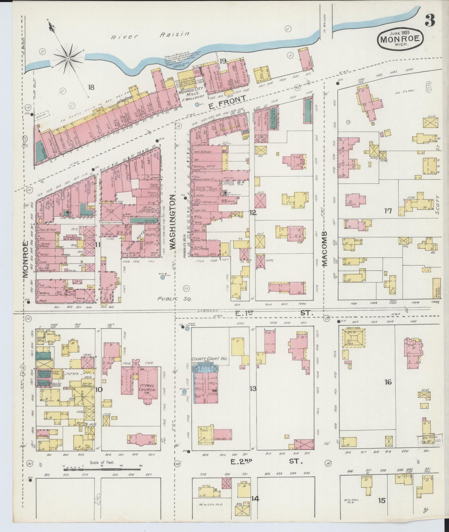 Sanborn Fire Insurance Map from Monroe, Monroe County, Michigan (1893), Sheet #0003 - Historic Sanborn Fire Insurance Map Print, vintage old map wall art, antique decor, genealogy gift, Michigan Michigan map