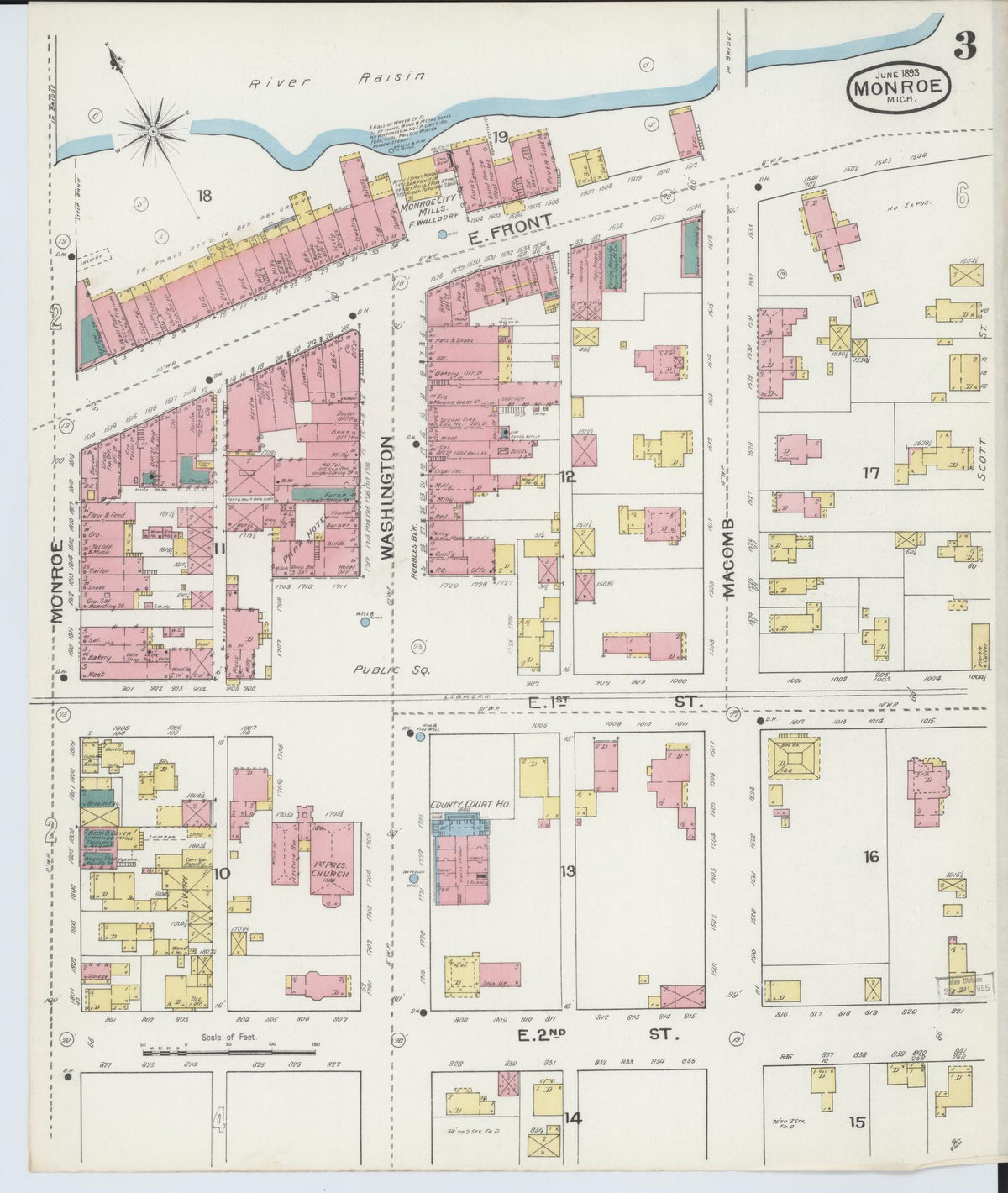 Sanborn Fire Insurance Map from Monroe, Monroe County, Michigan (1893), Sheet #0003 - Historic Sanborn Fire Insurance Map Print, vintage old map wall art, antique decor, genealogy gift, Michigan Michigan map