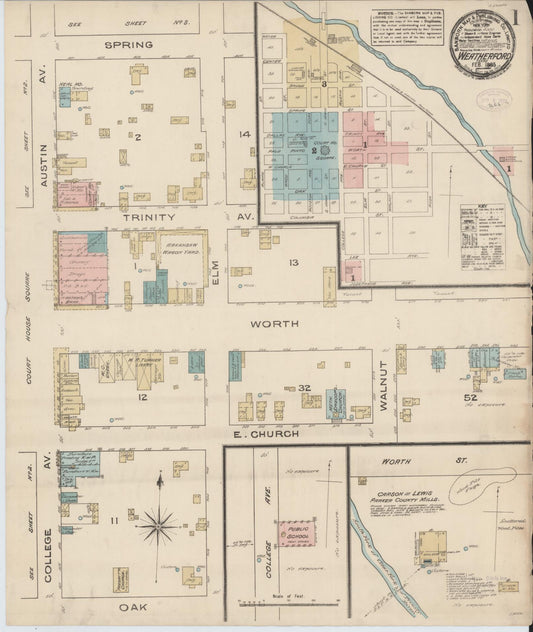 Sanborn Fire Insurance Map from Weatherford, Parker County, Texas (1885), Sheet #0001 - Historic Sanborn Fire Insurance Map Print, vintage old map wall art, antique decor, genealogy gift, Texas Texas map