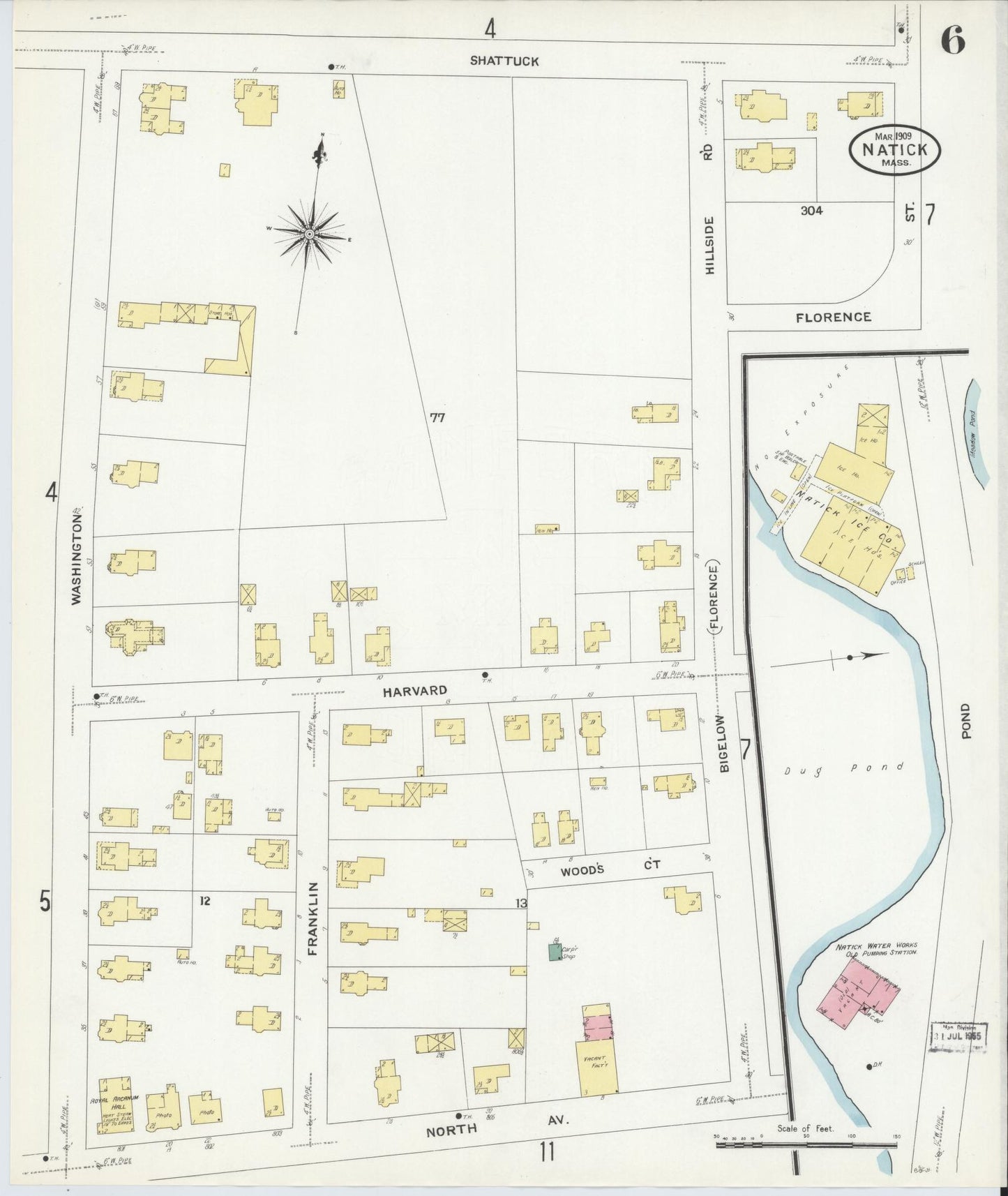 Sanborn Fire Insurance Map from Natick, Middlesex County, Massachusetts (1909), Sheet #0006 - Historic Sanborn Fire Insurance Map Print, vintage old map wall art, antique decor, genealogy gift, Massachusetts Massachusetts map