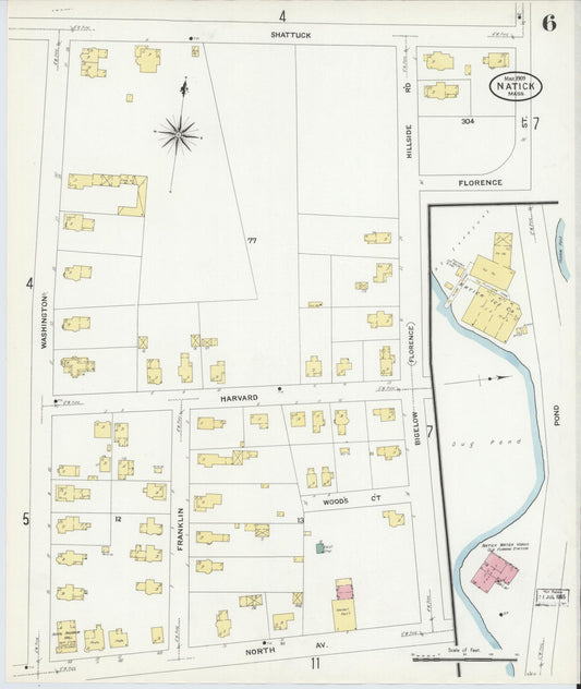 Sanborn Fire Insurance Map from Natick, Middlesex County, Massachusetts (1909), Sheet #0006 - Historic Sanborn Fire Insurance Map Print, vintage old map wall art, antique decor, genealogy gift, Massachusetts Massachusetts map