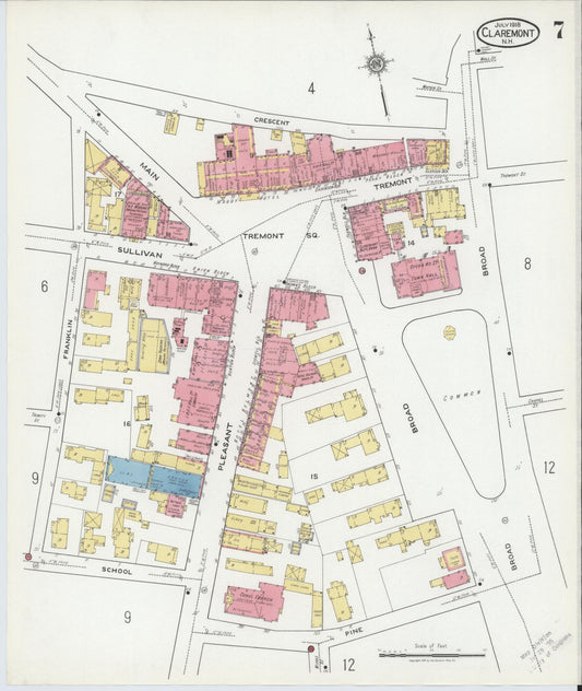 Sanborn Fire Insurance Map from Claremont, Sullivan County, New Hampshire (1918), Sheet #0007 - Historic Sanborn Fire Insurance Map Print, vintage old map wall art, antique decor, genealogy gift, New Hampshire New Hampshire map