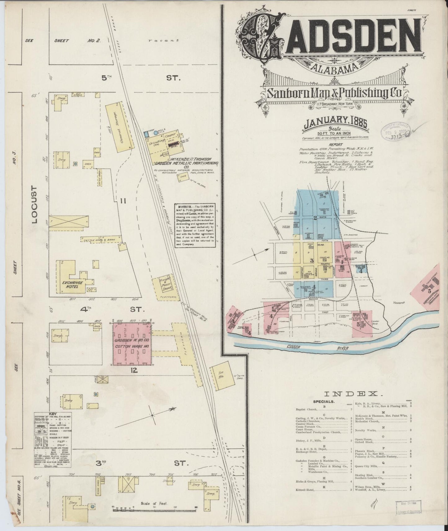 Sanborn Fire Insurance Map from Gadsden, Etowah County, Alabama (1885), Sheet #0001 - Historic Sanborn Fire Insurance Map Print, vintage old map wall art, antique decor, genealogy gift, Alabama Alabama map
