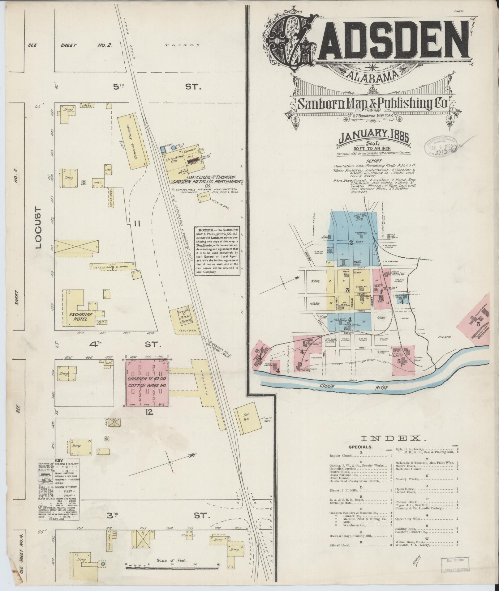 Sanborn Fire Insurance Map from Gadsden, Etowah County, Alabama (1885), Sheet #0001 - Historic Sanborn Fire Insurance Map Print, vintage old map wall art, antique decor, genealogy gift, Alabama Alabama map