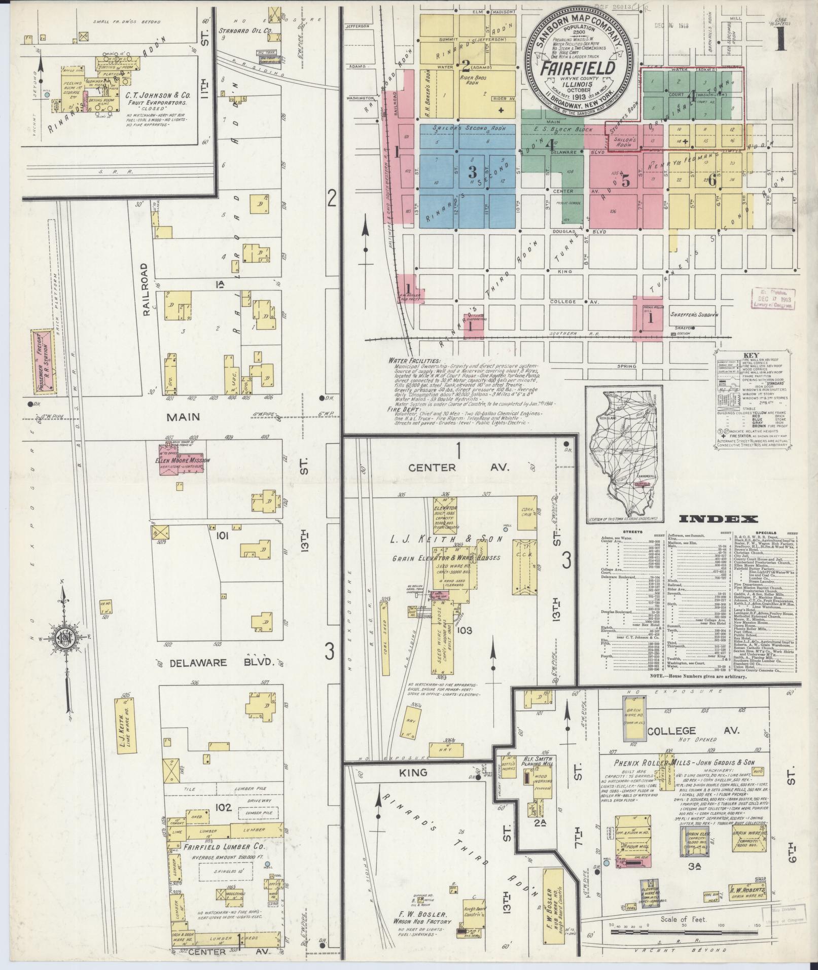 Sanborn Fire Insurance Map from Fairfield, Wayne County, Illinois (1913), Sheet #0001 - Historic Sanborn Fire Insurance Map Print, vintage old map wall art, antique decor, genealogy gift, Illinois Illinois map