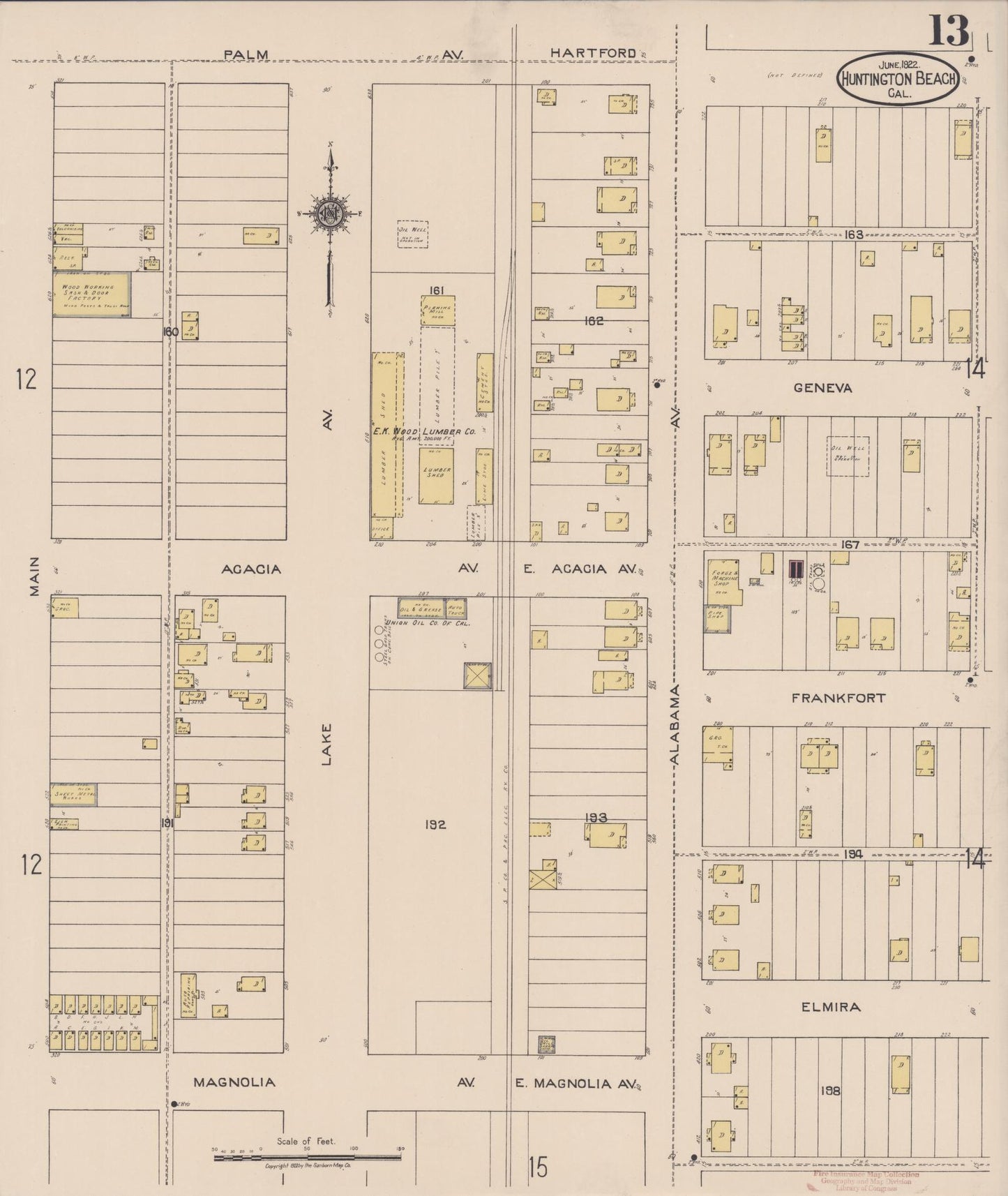 Sanborn Fire Insurance Map from Huntington Beach, Orange County, California (1922), Sheet #0013 - Historic Sanborn Fire Insurance Map Print, vintage old map wall art, antique decor, genealogy gift, California California map