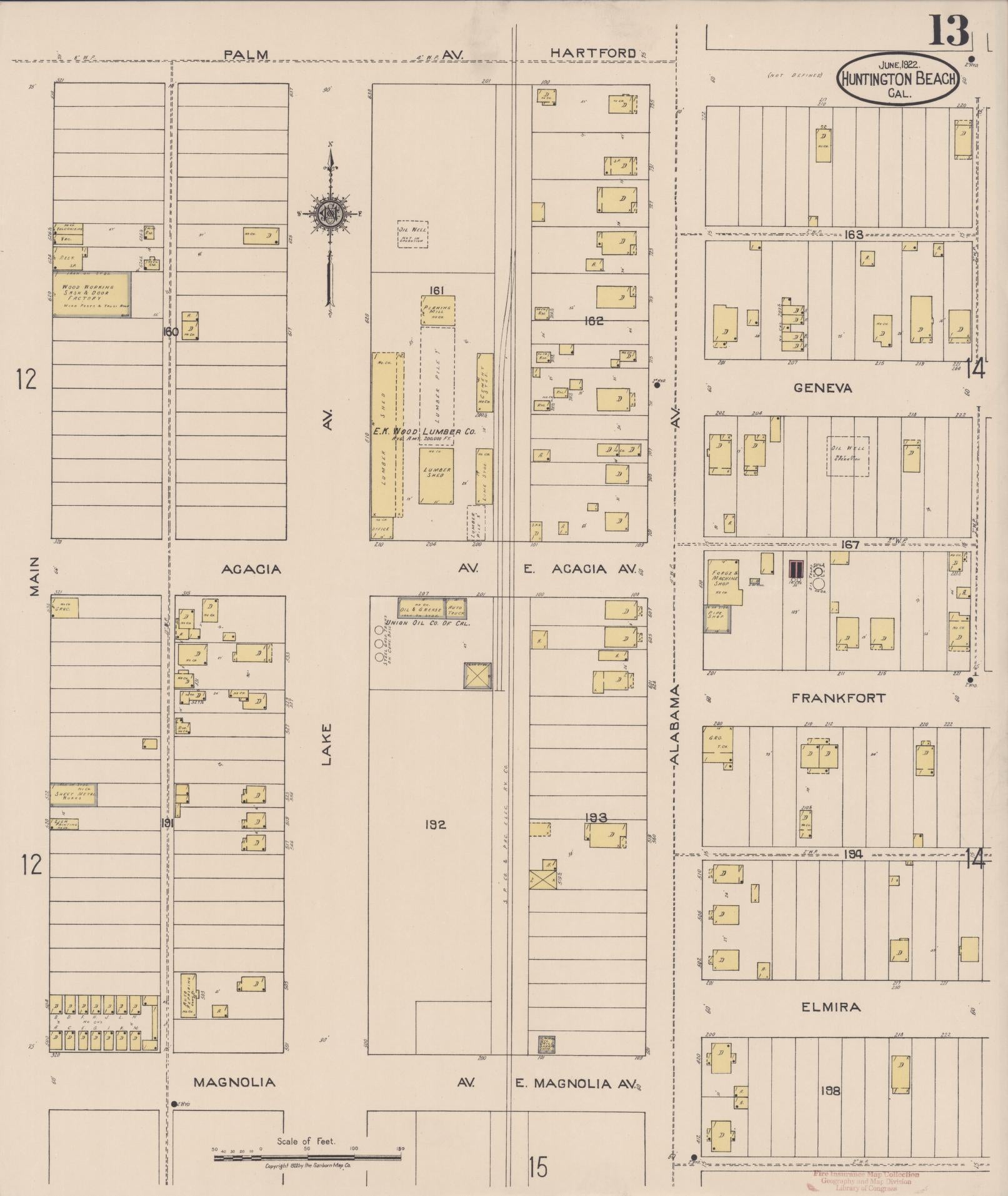 Sanborn Fire Insurance Map from Huntington Beach, Orange County, California (1922), Sheet #0013 - Historic Sanborn Fire Insurance Map Print, vintage old map wall art, antique decor, genealogy gift, California California map