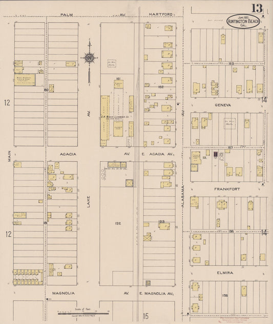 Sanborn Fire Insurance Map from Huntington Beach, Orange County, California (1922), Sheet #0013 - Historic Sanborn Fire Insurance Map Print, vintage old map wall art, antique decor, genealogy gift, California California map