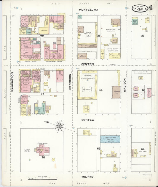 Sanborn Fire Insurance Map from Phoenix, Maricopa County, Arizona (1890), Sheet #0004 - Historic Sanborn Fire Insurance Map Print, vintage old map wall art, antique decor, genealogy gift, Arizona Arizona map