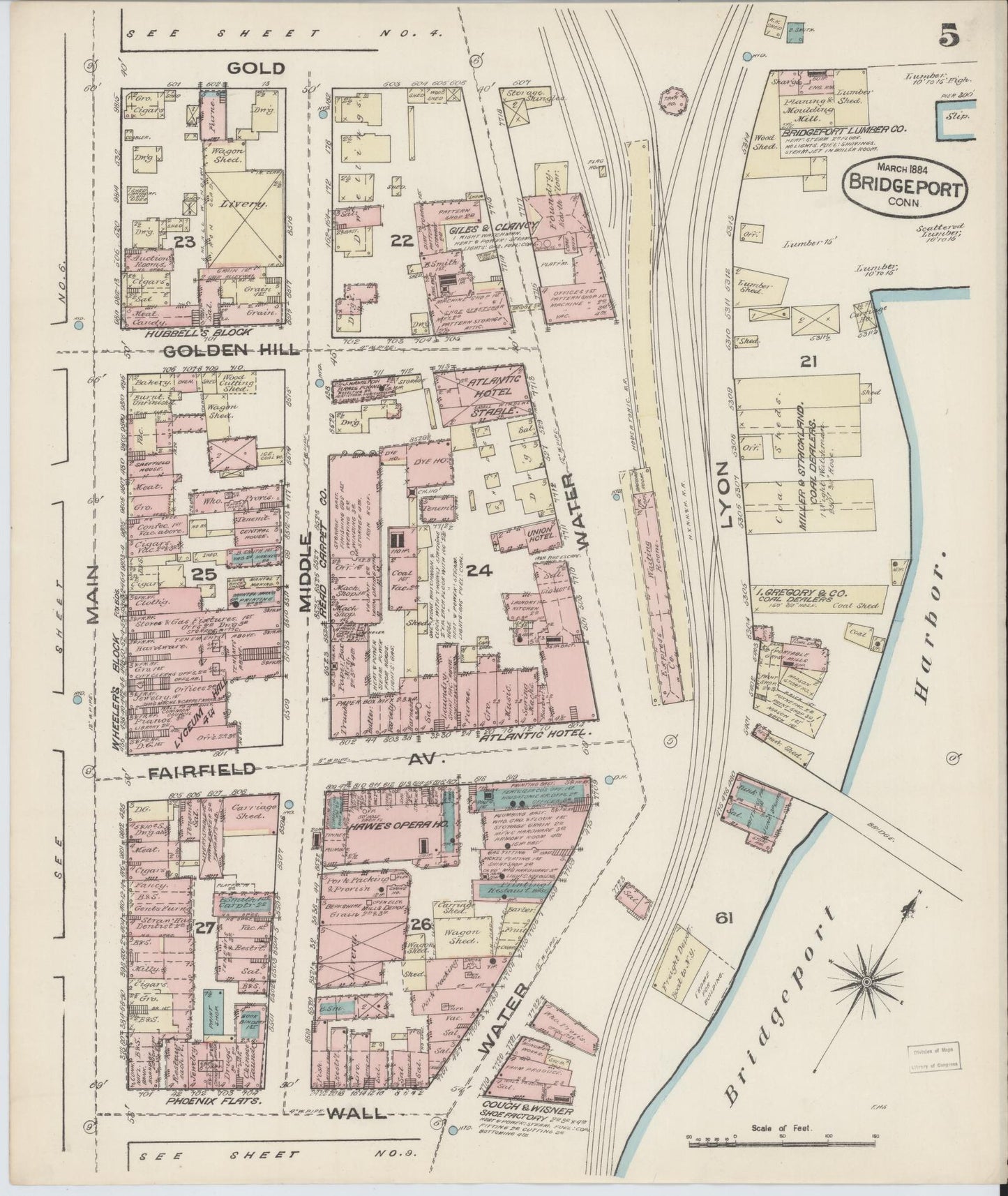 Sanborn Fire Insurance Map from Bridgeport, Fairfield County, Connecticut (1884), Sheet #0005 - Complete Map Set gallery image, historic Sanborn map, vintage wall art, Connecticut Connecticut