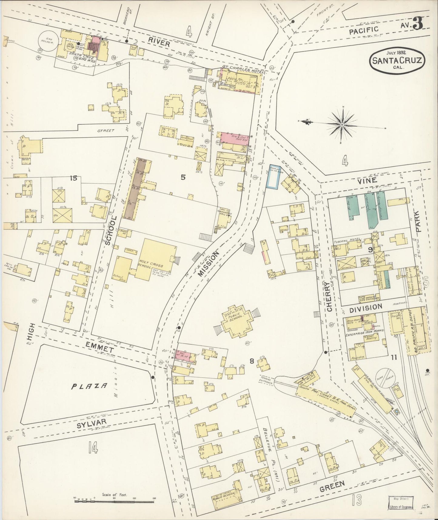 Sanborn Fire Insurance Map from Santa Cruz, Santa Cruz County, California (1892), Sheet #0003 - Complete Map Set gallery image, historic Sanborn map, vintage wall art, California California